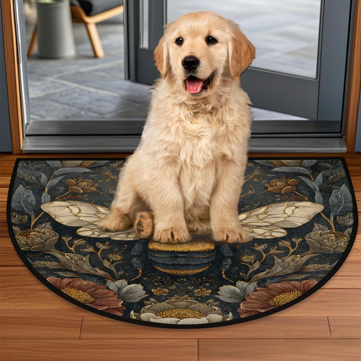 cfpolar Half Round Door Mat Vintage Bee Flower Non-Slip Semi Circle Area Rug Washable Semi Circle Floor Rug for Indoor Outdoor Living Room Bathroom Kitchen Patio Hearth Rugs Home Decoration