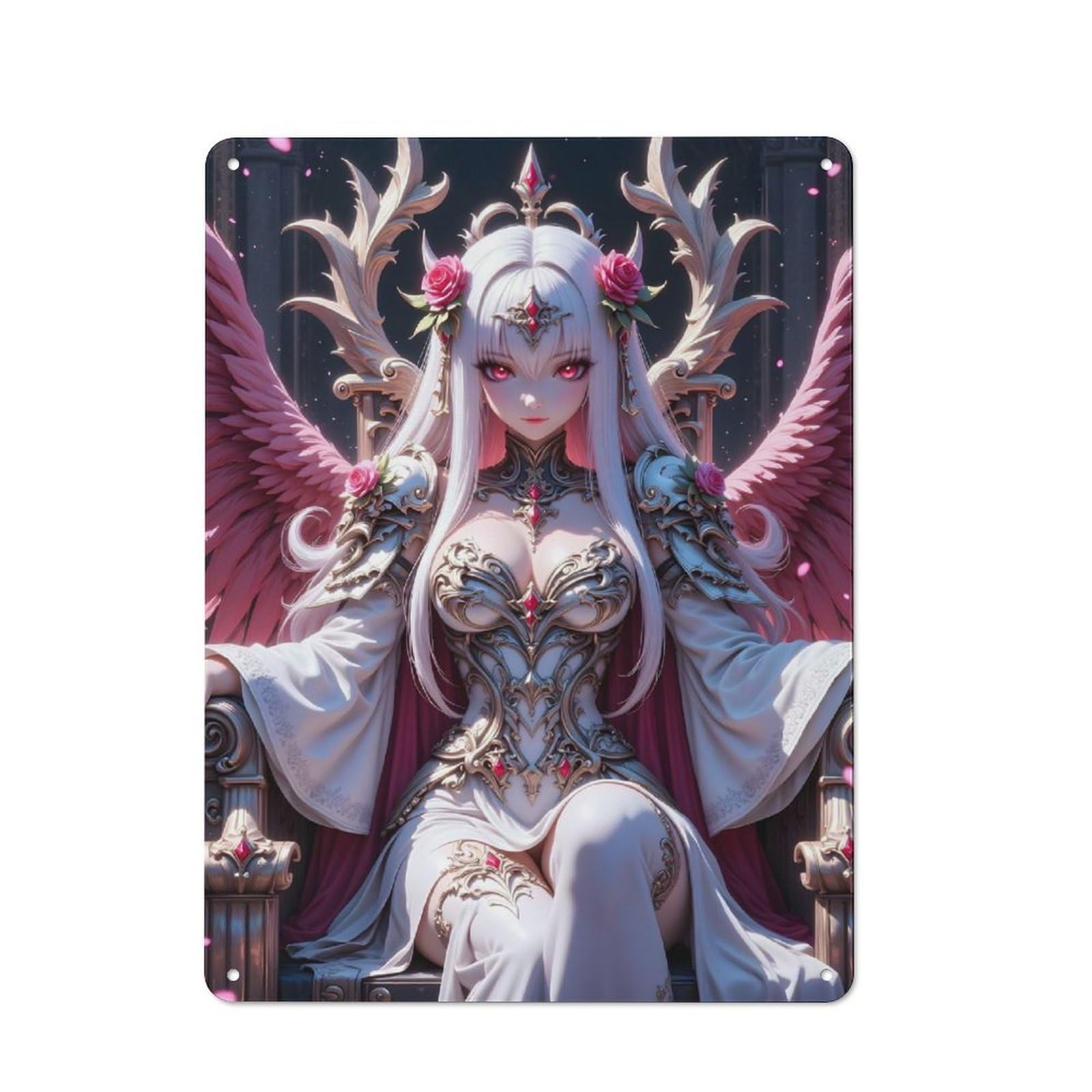 Nostalgic Decorative Tin Plaque 40x30cm Featuring Anime Angel Queen on Throne, Classic Pub Decor for Cafe, Pub, Workshop Or Home Bar