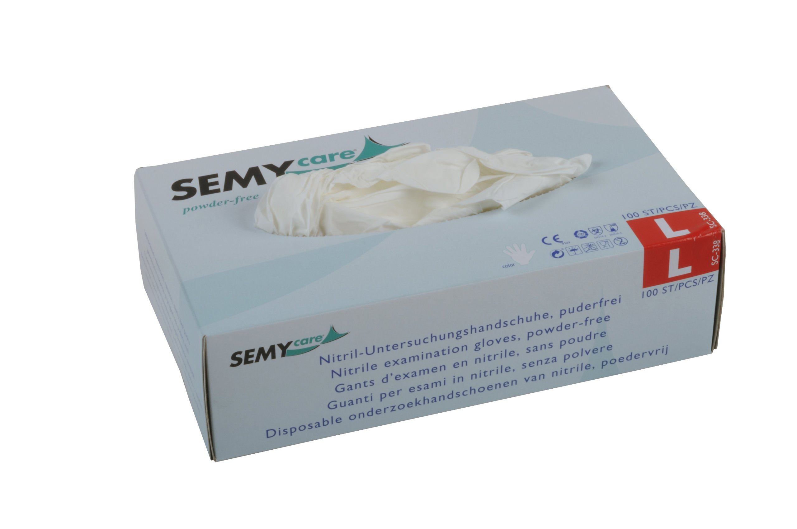 Semy Care nitrylowe rękawiczki do badania, bez talku, rozmiar L, białe AQL 1.5, 10 sztuk w opakowaniu (10 x 100 sztuk)