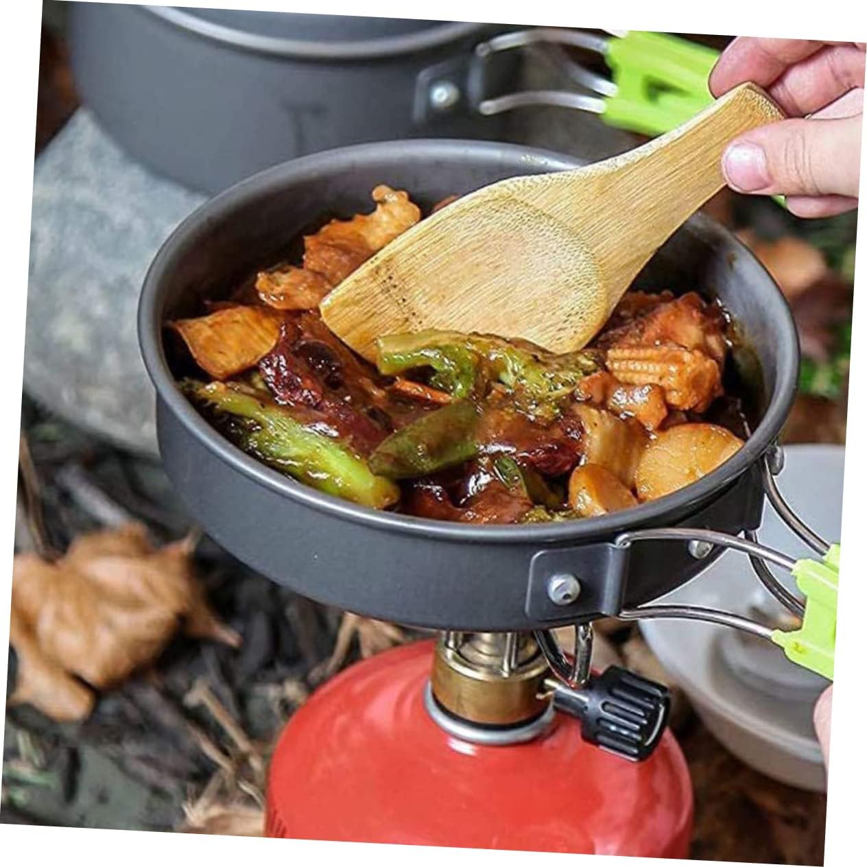 1set Portable Camping Cookware Kit Lightweight Non-Stick Cookware for Outdoor Cooking Includes Pot Frying Pan Teapot Utensils for Camping Hiking and BBQ