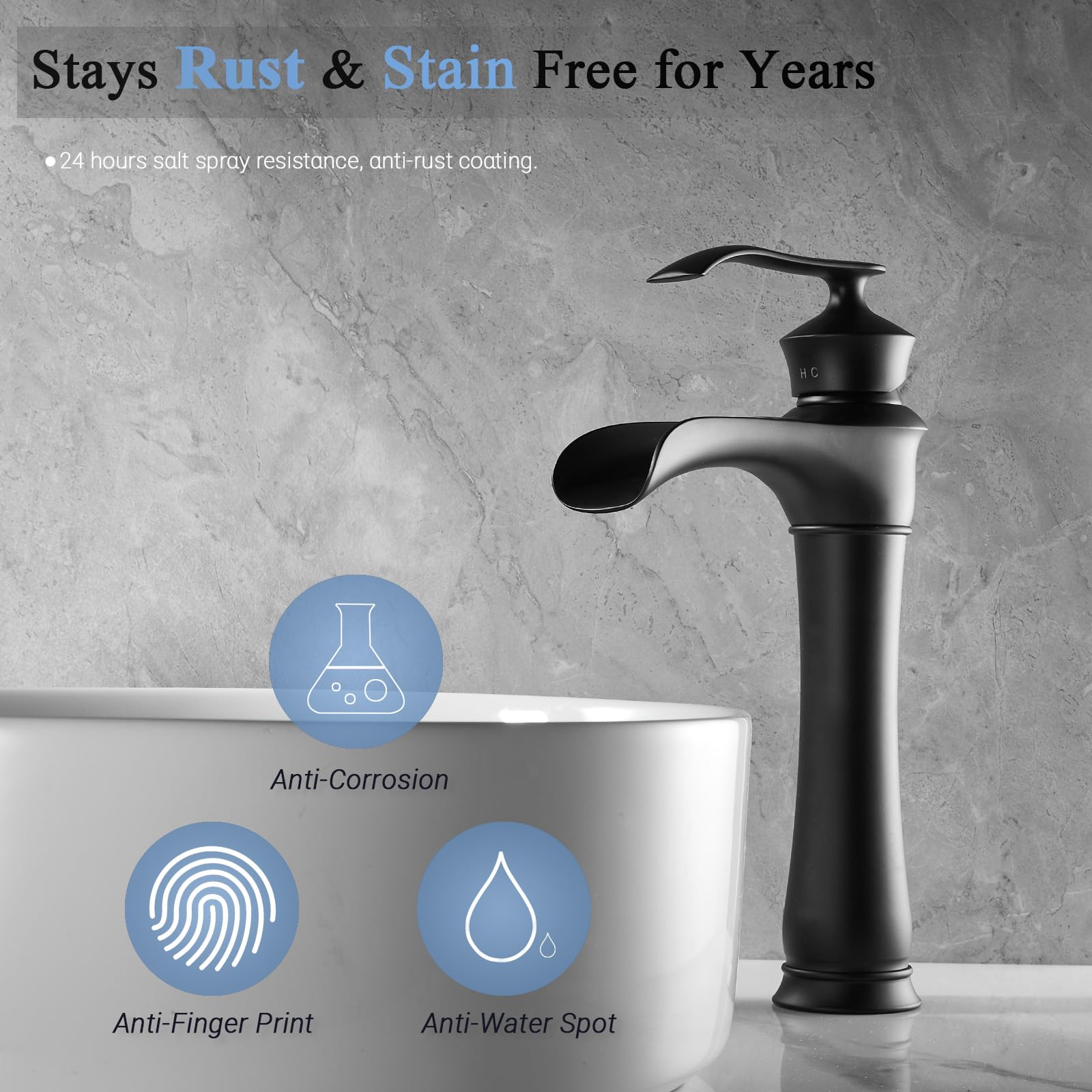 Robinet mitigeur de lavabo à hauteur haute, bec cascade pour salle de bain, robinet de lavabo en laiton, robinet mitigeur moderne à levier unique chaud et froid pour vasques de comptoir, noir