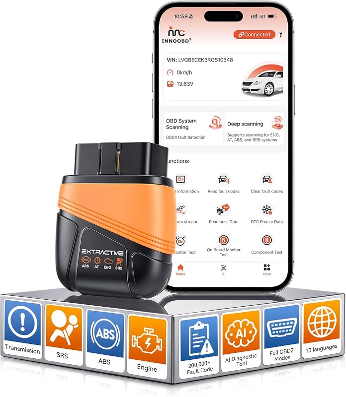 Escáner EXTRACTME OBD2 Bluetooth con asistente AI y aplicación sin suscripción | Herramienta de diagnóstico de 4 sistemas para automóviles y camiones para Android e iOS, lea y borre más de 200000 códigos de falla para motor, ABS, SRS, transmisión