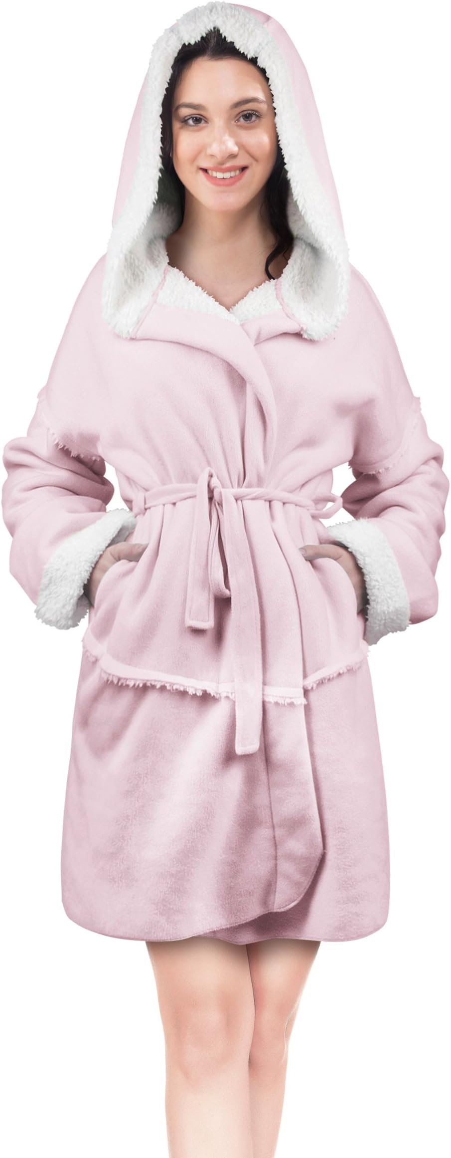 Catalonia Classy Hooded Short Plush Sherpa Bathrobe for women, Fleece Soft Warm Robe Fuzzy Fluffy Dressing Gown with Pockets Pink