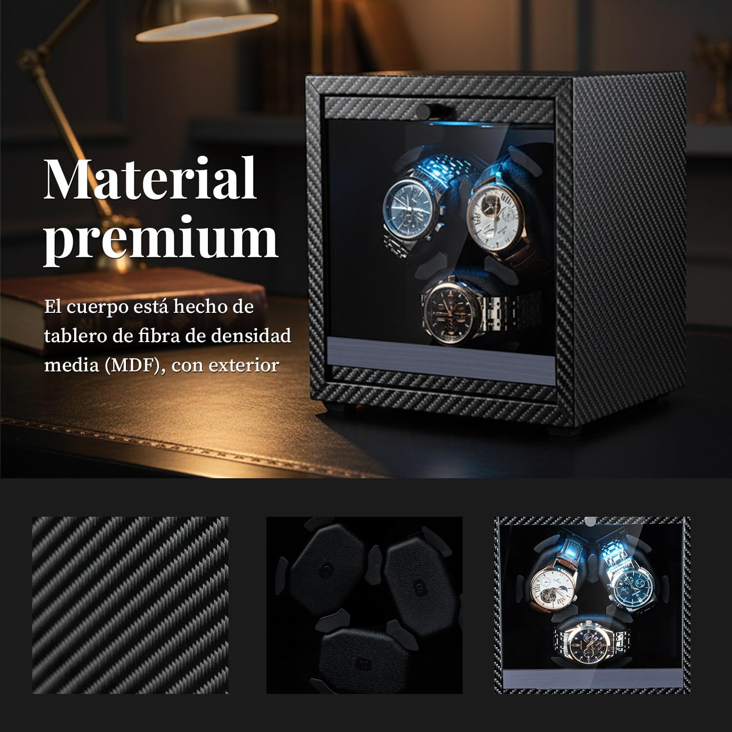 Mcbazel Cajas Giratorias para Relojes con luz LED, Motor Silencioso Watch Winder, Elegante Caja Enrollable Automática para 3 Relojes de hasta 45 mm, 4 Modos de Rotación y Alimentación por USB CC