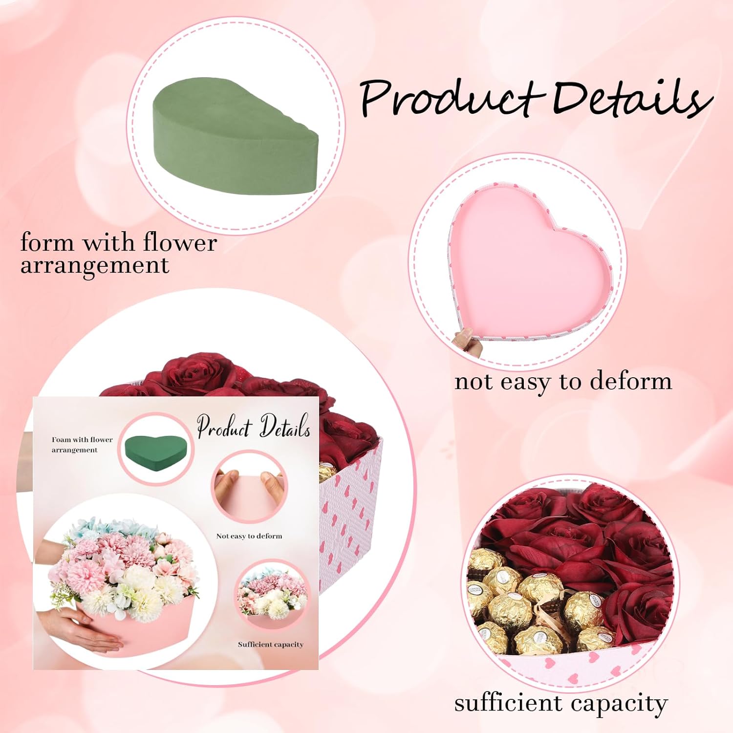 Vesici Valentine Heart Shaped Flower Gift Box with Lid for Rose Chocolate DIY Floral Arrangement Kit Include Half Heart Floral Foam Raffia Cellophane Card for Valentine's Day Birthday Wedding Proposal - Image 4