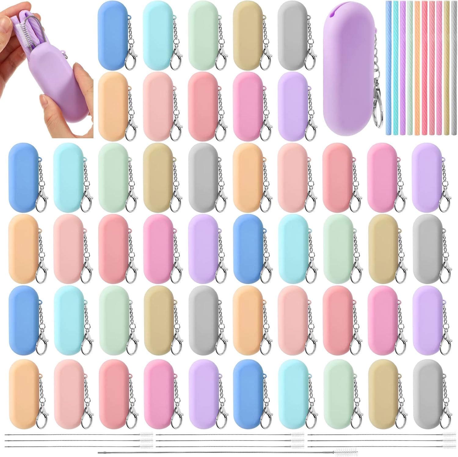 Rtteri 50 Sets Reusable Foldable Silicone Straws Travel Collapsible Portable Straws with Case Long Cleaning Brushes and Keychain for Home Party Travel Picnic Cold Hot Drink