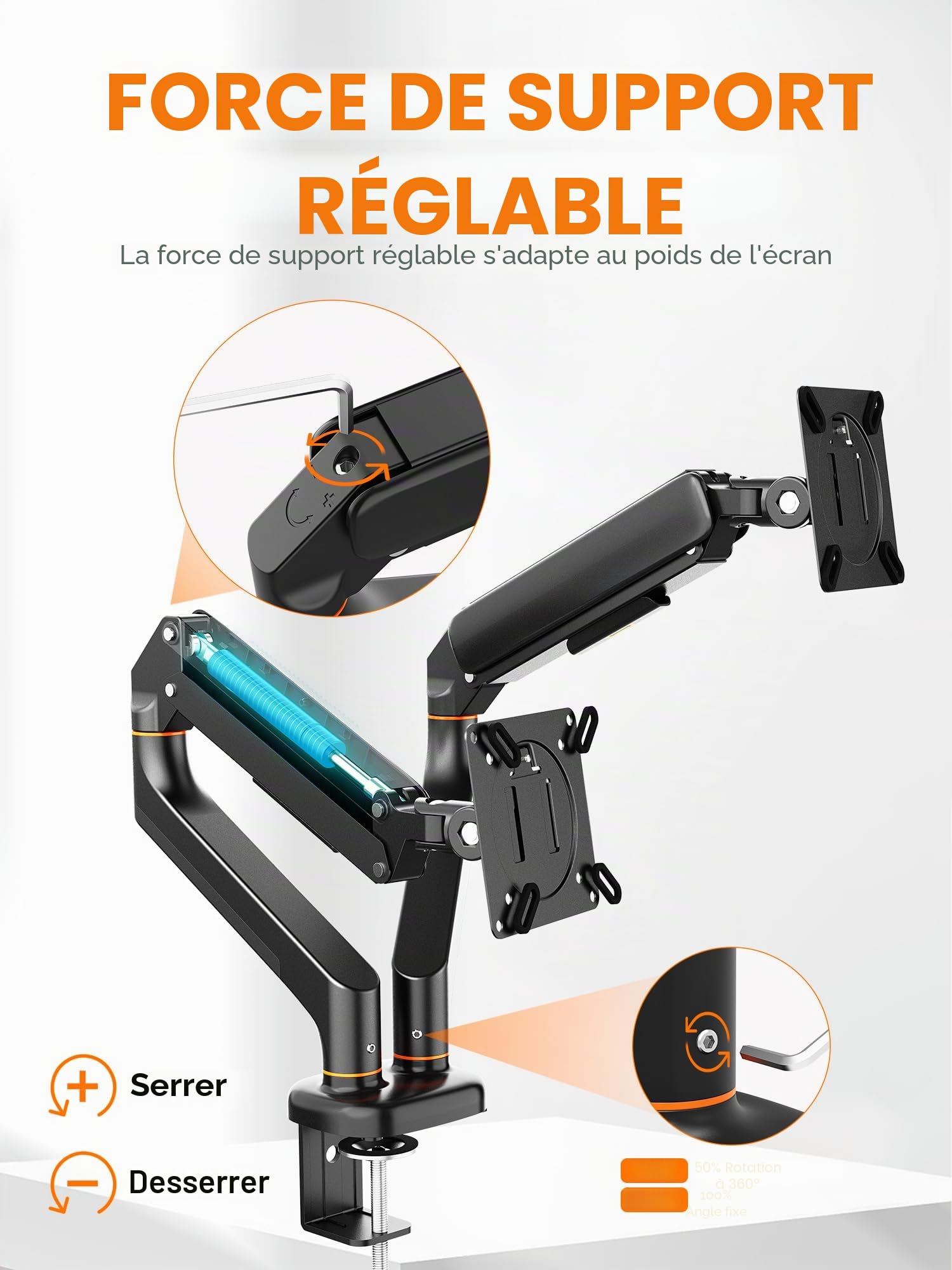 Ibergrif Bras Double Écran PC Support 2 Moniteurs 13-27 Pouces Bras à Gaz Réglable Hauteur Inclinaison Rotation 360° Charge 9 kg VESA 75/100mm