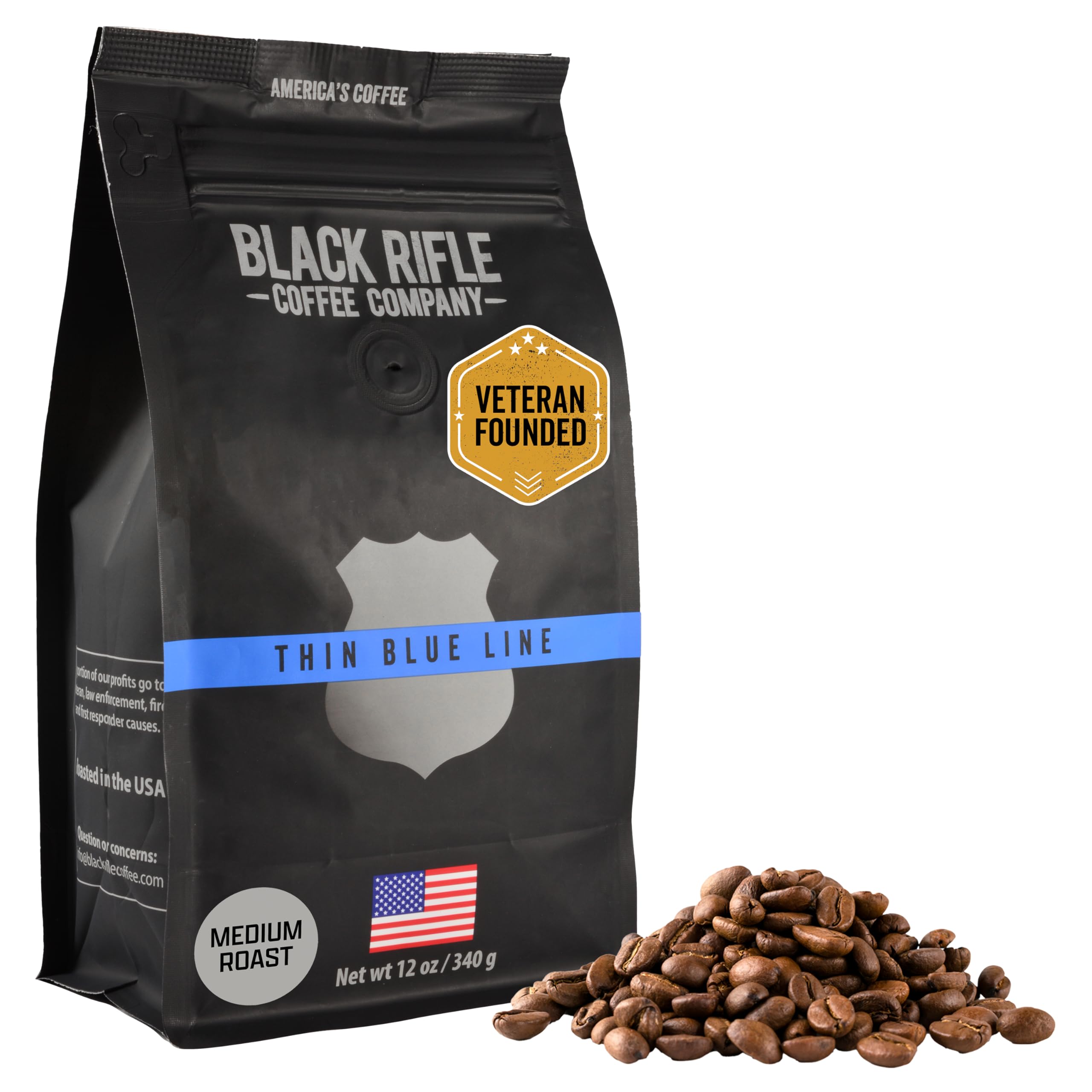 Black Rifle Coffee Company Thin Blue Line, 12oz Bag, Whole Bean Medium Roast - Roasted Blend Made from Arabica Beans - Colombian & Brazilian Beans - Veteran Founded & American Made