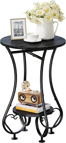 X-cosrack Mesa auxiliar redonda pequeña, mesa auxiliar redonda para espacios pequeños, mesita de noche de metal negro con pies ajustables, mesa de
