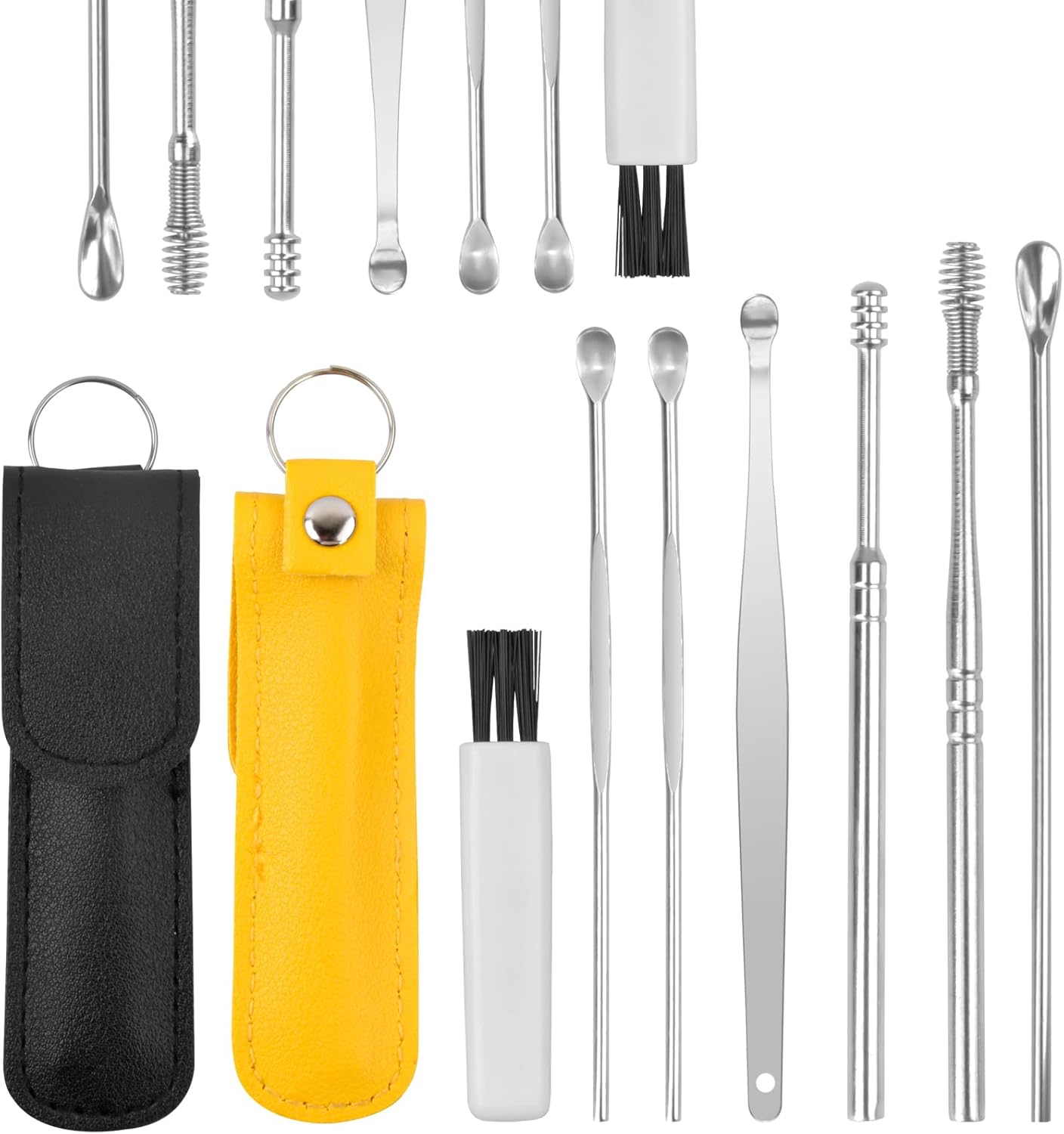 Jinlaili 14 Piezas Limpiador de Oídos, Kit de Limpieza para Oídos con Bolsa de PU, Kit de Cuchara para Oído, Removedor de Cera de Oído, Acero Inoxidable Ear Cleaner para Niños Adultos
