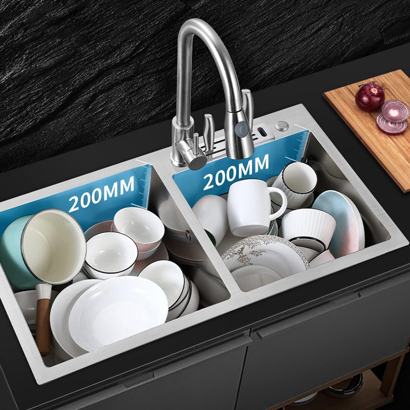 SDdPulse Juego de fregadero de cocina de doble tazón, fregadero de acero inoxidable 304 con grifo extraíble y cesta de drenaje para el hogar, oficina, bar y lavandería, plateado-7843