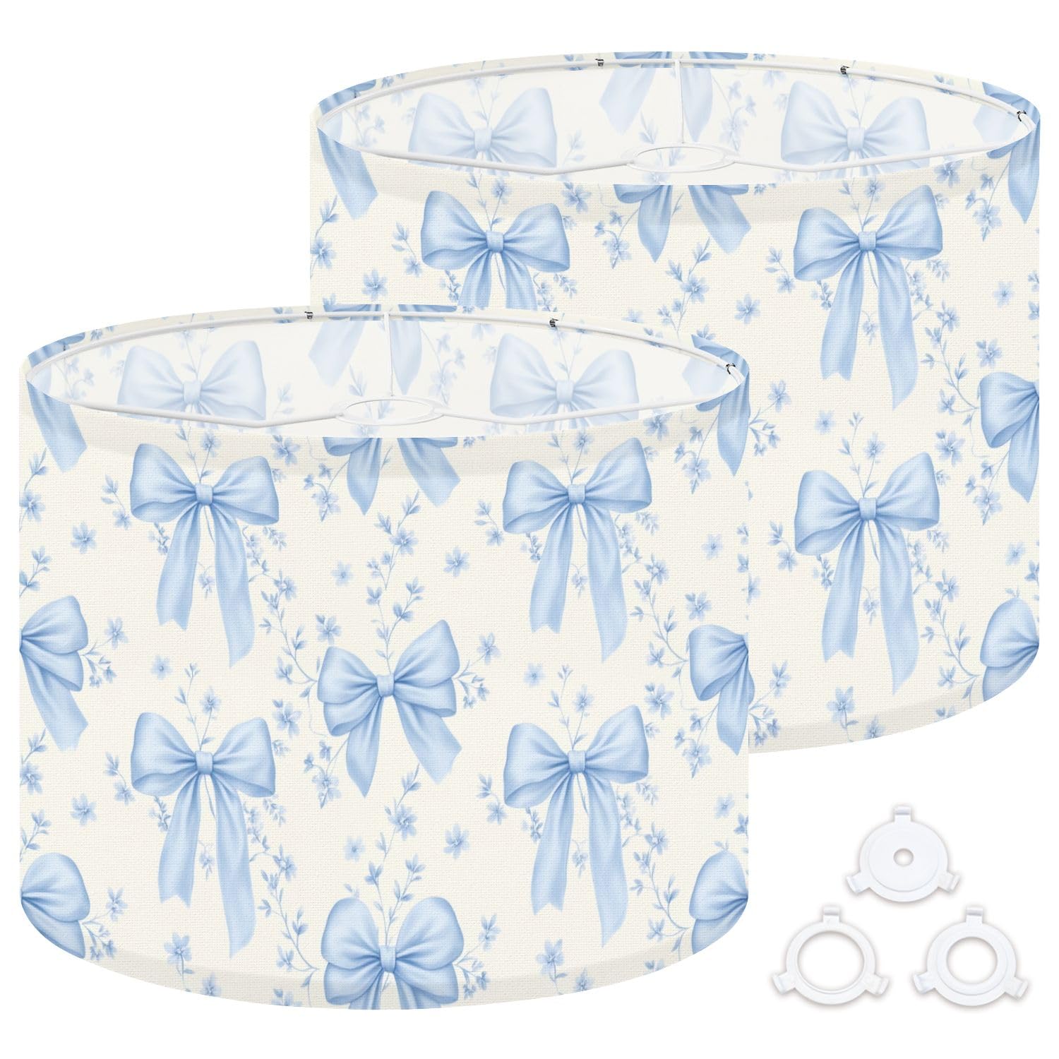 Fabric Round Drum Lamp Shade Blue Bow Floral Design Soft Cream Vintage Medium Linen Decorative Assembly Replacement Lampshades 13inch Set of 2 for Table Lamps, Floor Lamps,Ceiling Lamp