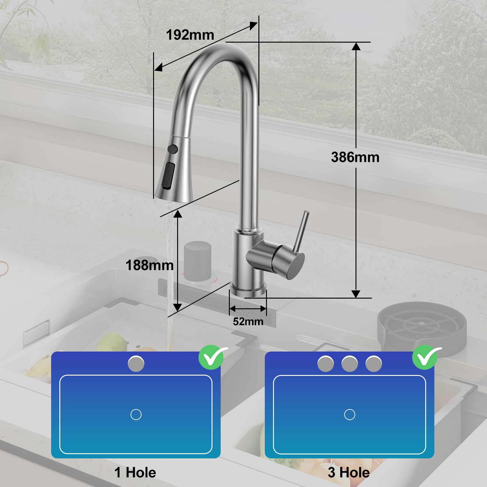 YEAUPE PRO Grifo Cocina Extraible - Grifos Cocina Fregadero con Caño giratorio de 360°,3 Modos Monomando Acero Inoxidable Torneira Cozinha,Cabezal Rociador de ABS, para Fregadero Cocina 1 Agujero