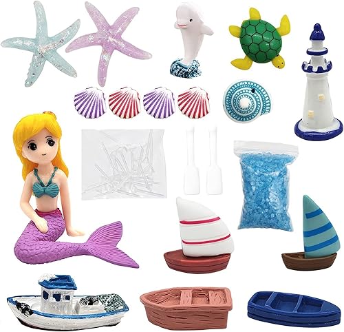 Miniatura 2 de 21 piezas de accesorios de jardín en miniatura, arena azul y sirena en miniatura, delfín, barco, barco de vapor, decoración, micro playa, océano,