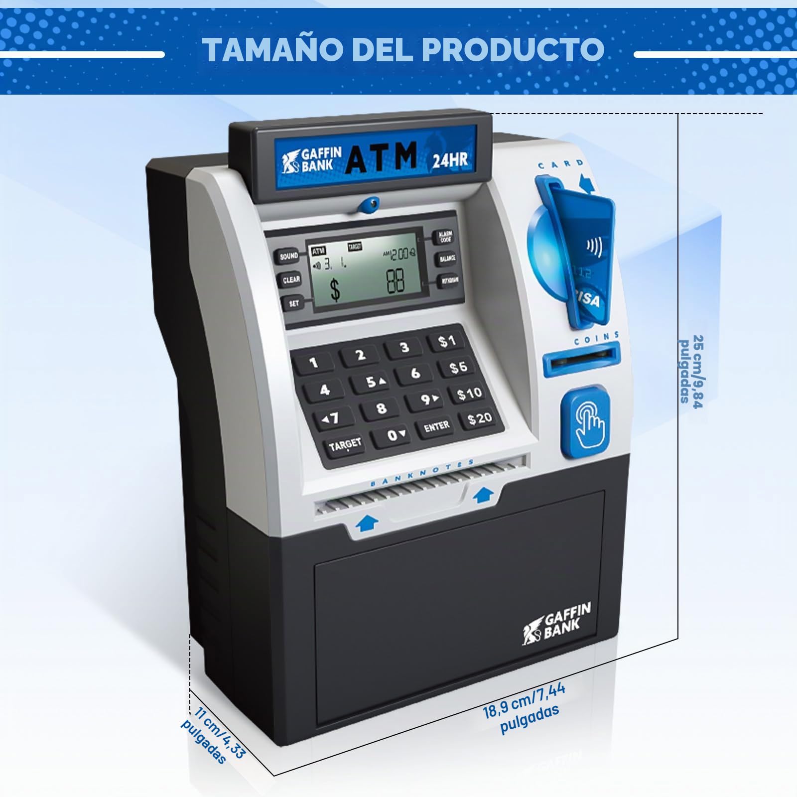 Roadtime ATM Hucha, Mini Cerdo ATM, Caja de Ahorro para Monedas y Billetes, Cofre Reutilizable, Guardacambios con Tarjeta de Débito, Caja de Ahorro Inteligente con Contraseña
