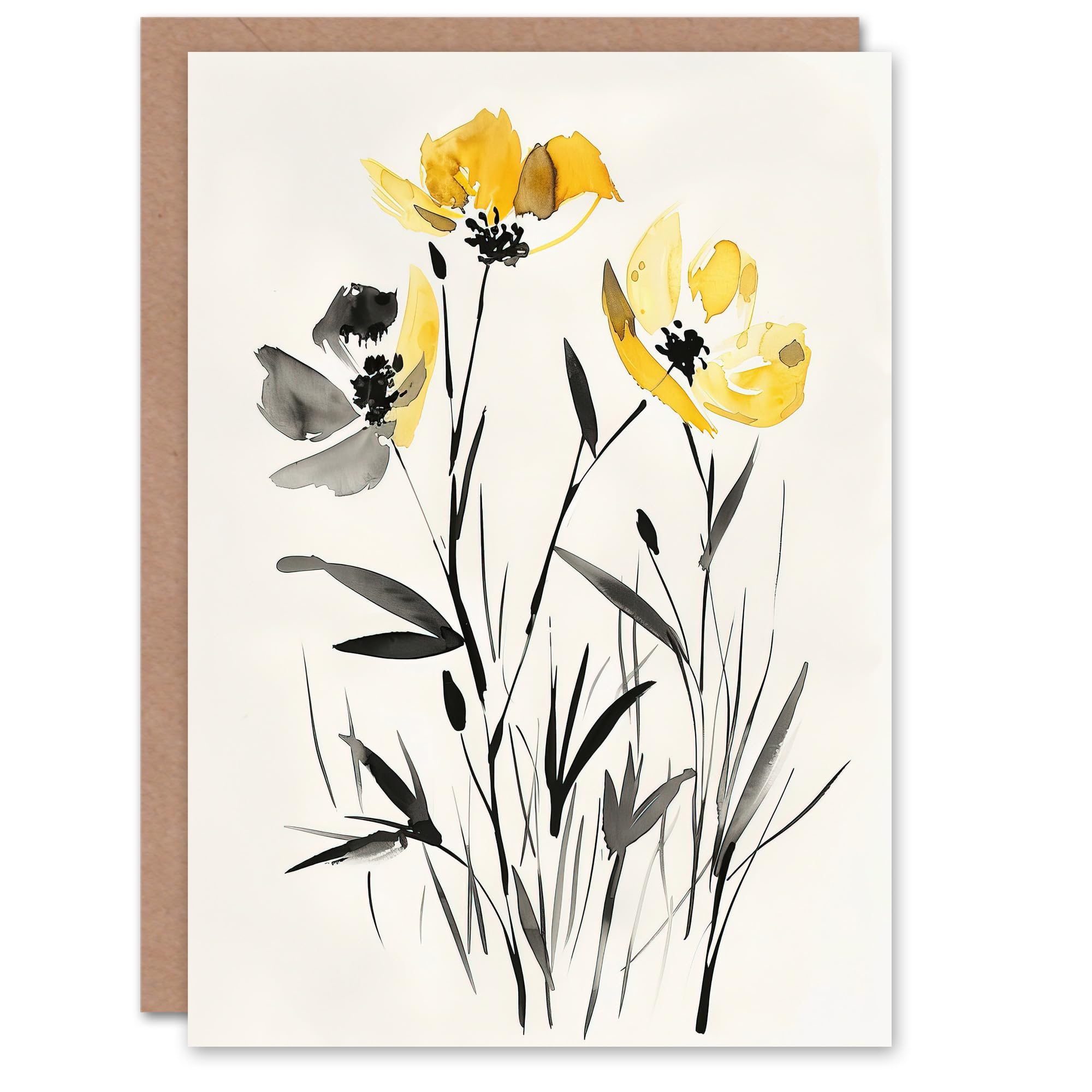 Artery8 Greeting Card Wildflower Blooms Watercolour Yellow