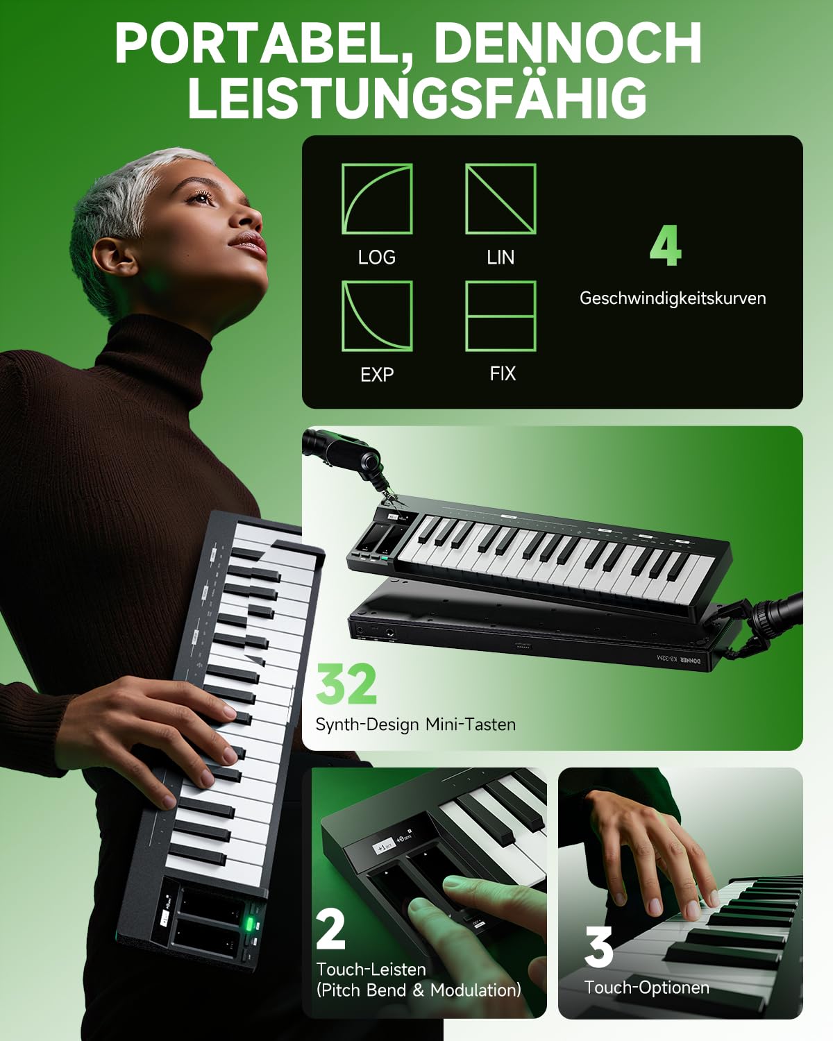 Donner KB-32M Tragbarer MIDI-Keyboard-Controller – 32 Tasten, mit Magnetischem Snap2Connect (S2C), OLED-Display, USB/MIDI & DAW-Software