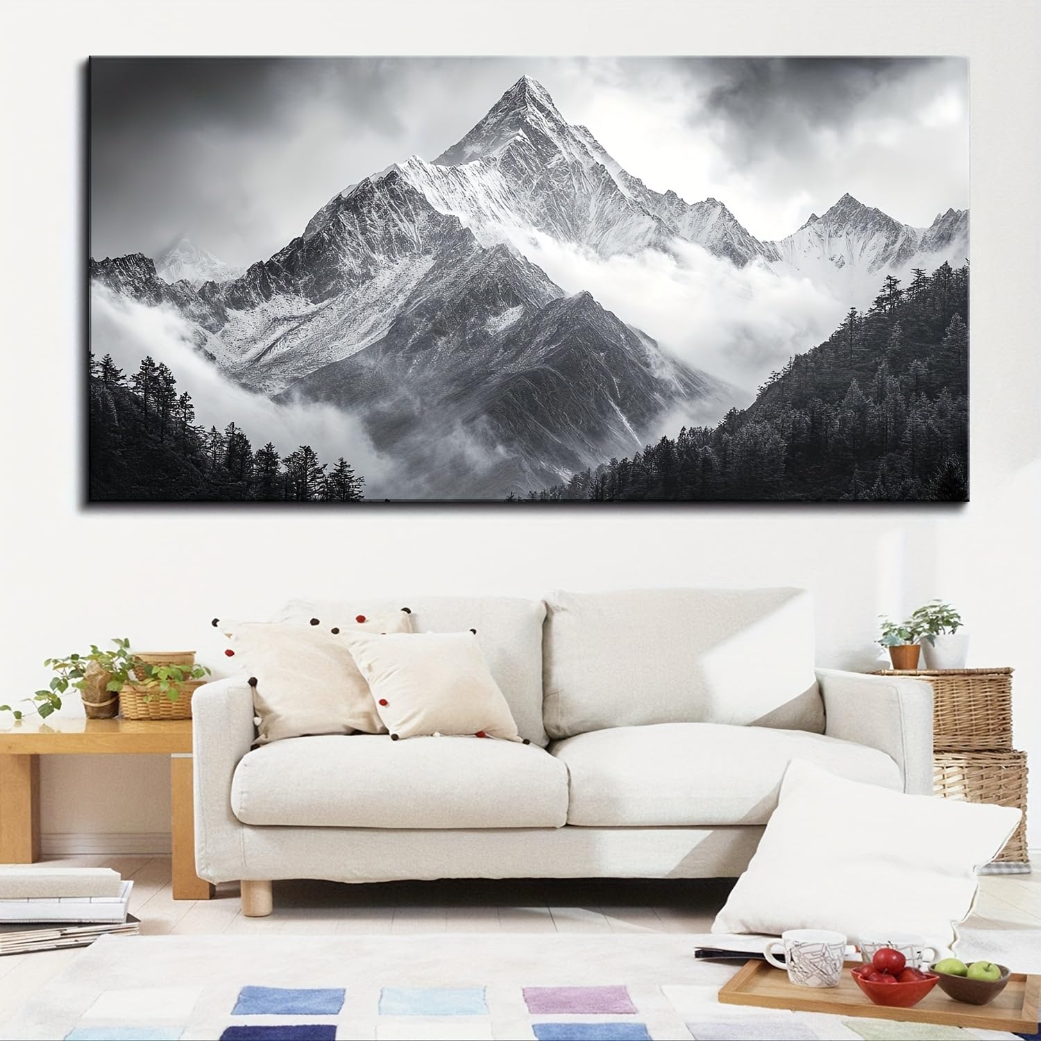 Ihhgnb Multicolor Canvas Wall Art Black & White Snow Mountain Landscape Poster, Modern Minimalist Nature-Inspired Artwork For Living Room(30X60cm(12X24in)/No Frame)