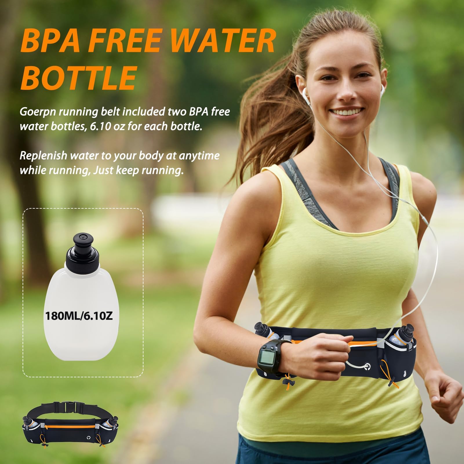 Laufgürtel mit Wasserflaschen(2 x 180 ml) mit Reflektierenden Streifen Verstellbare Trink-Hüfttasche wasserdichte Sport-Hüfttasche für Marathon Wandern Radfahren(Schwarz+Orange)