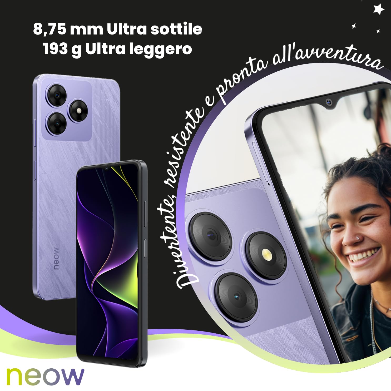 Neow Safe Smartphone Android 14 4G | Schermo HD+ da 6,56" | Smartphone per adolescenti | App scolastiche e divertenti preinstallate | Controllo genitori | Custodia in silicone gratuita (viola)