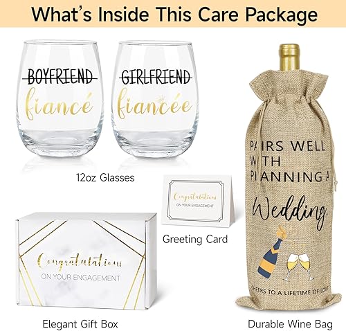 Miniatura 6 de Regalos de compromiso para parejas, juego de regalo de compromiso de copa de café de vino con bolsa de vino para mujeres, él y ella, prometido,