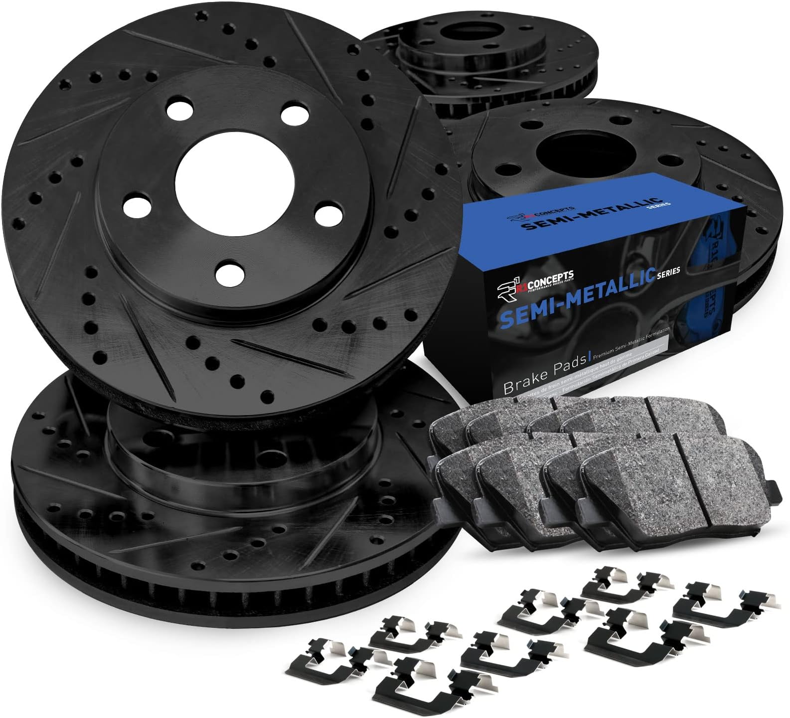 R1 Concepts Front and Rear Brake Kit For 2007-2011 Dodge Nitro, 2008-2012 Jeep Liberty| Drilled Slotted Brake Rotors| Semi-Metallic Brake Pads and Rotors Kit| Hardware included