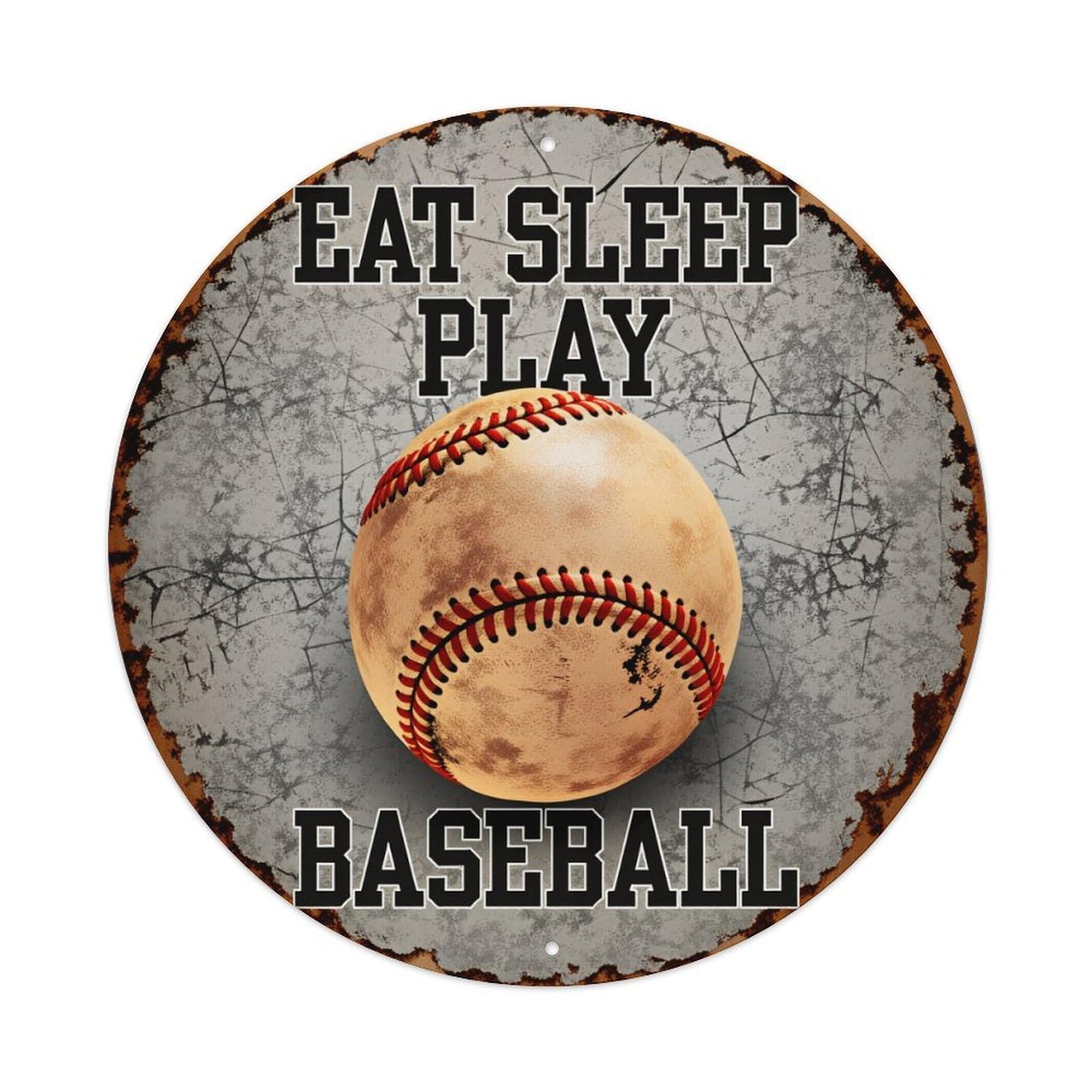 Eat Sleep Play Baseball Round Vintage Tin Sign,Retro Wall Art,Metal Poster for Home, Bar, Garage, Cafe, Rustic Indoor & Outdoor Decor, 8x8 Inches