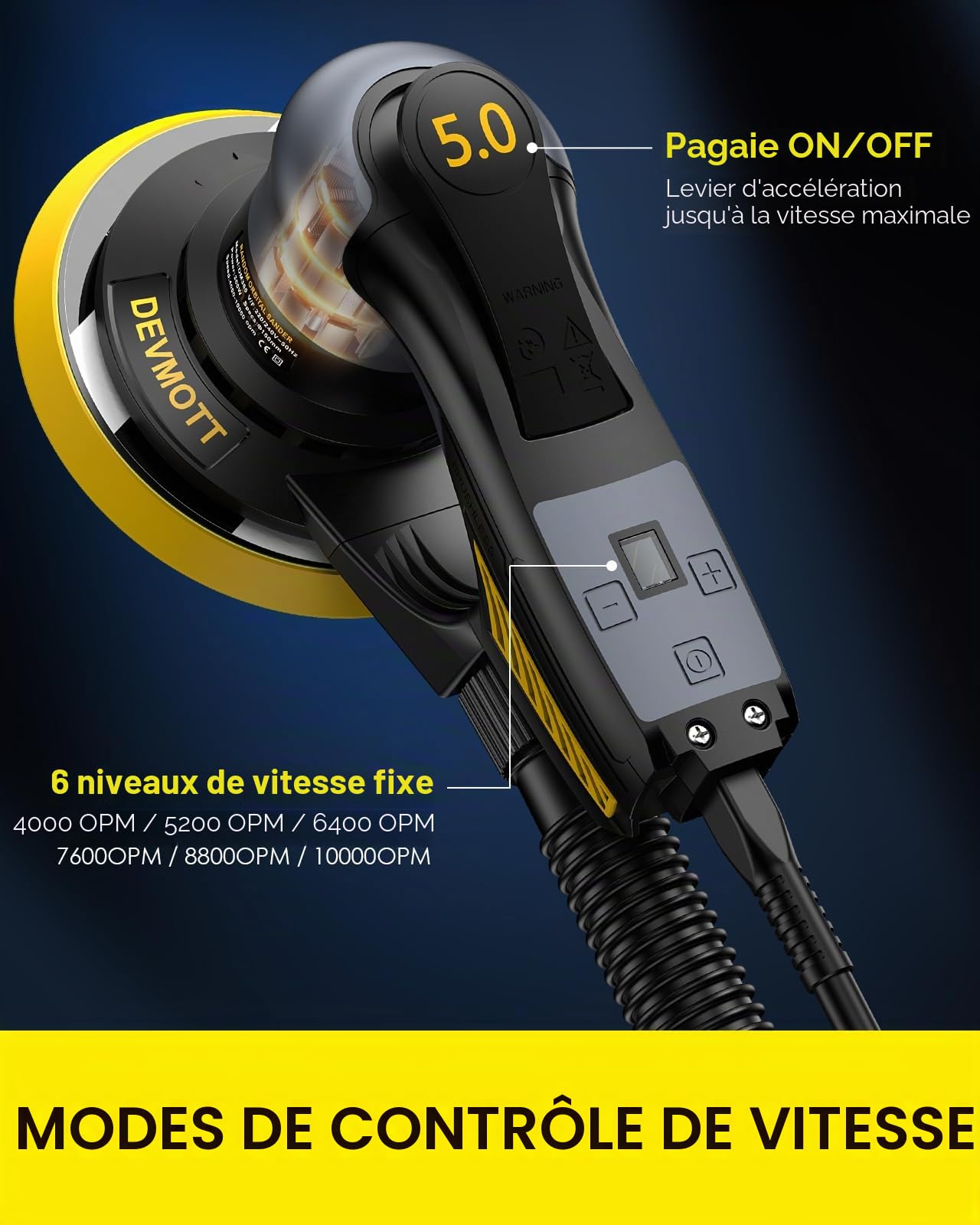 Ponceuse excentrique sans balais 360 W, course de ponçage 5,0 mm, ponceuse excentrique électrique avec plateau de support de 150 mm, 4000-10000 tr/min, faible vibration, ponceuse excentrique pour