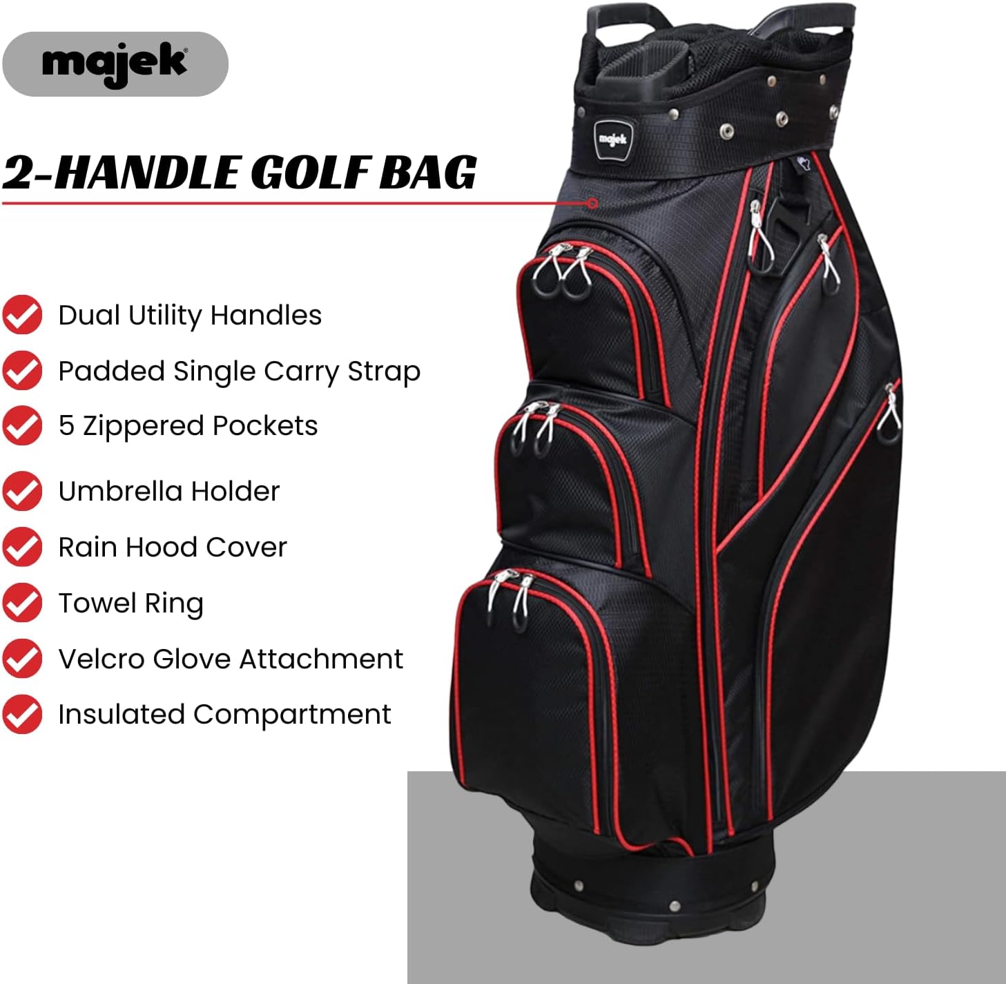 Majek Premium Men's Black with Red Trim Golf Bag 9.5 inch 14-Way Friendly Separator Top with Putter Sleeve