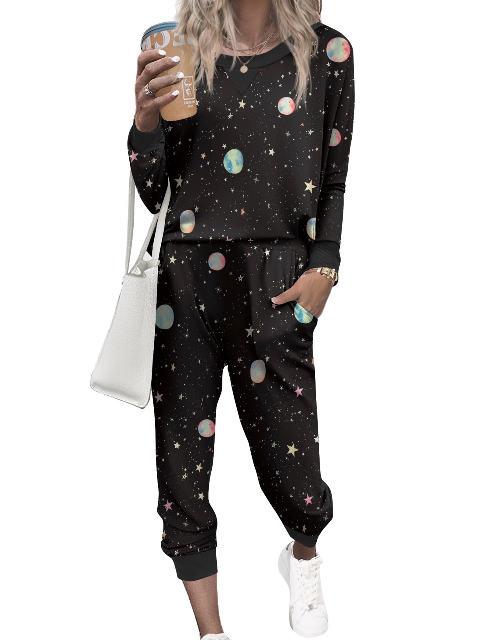 Ekouaer Pajamas Set Long Sleeve Pj Sets 2 Piece Jogger Pajama Sets Soft Sleepwear Loungewear for Women