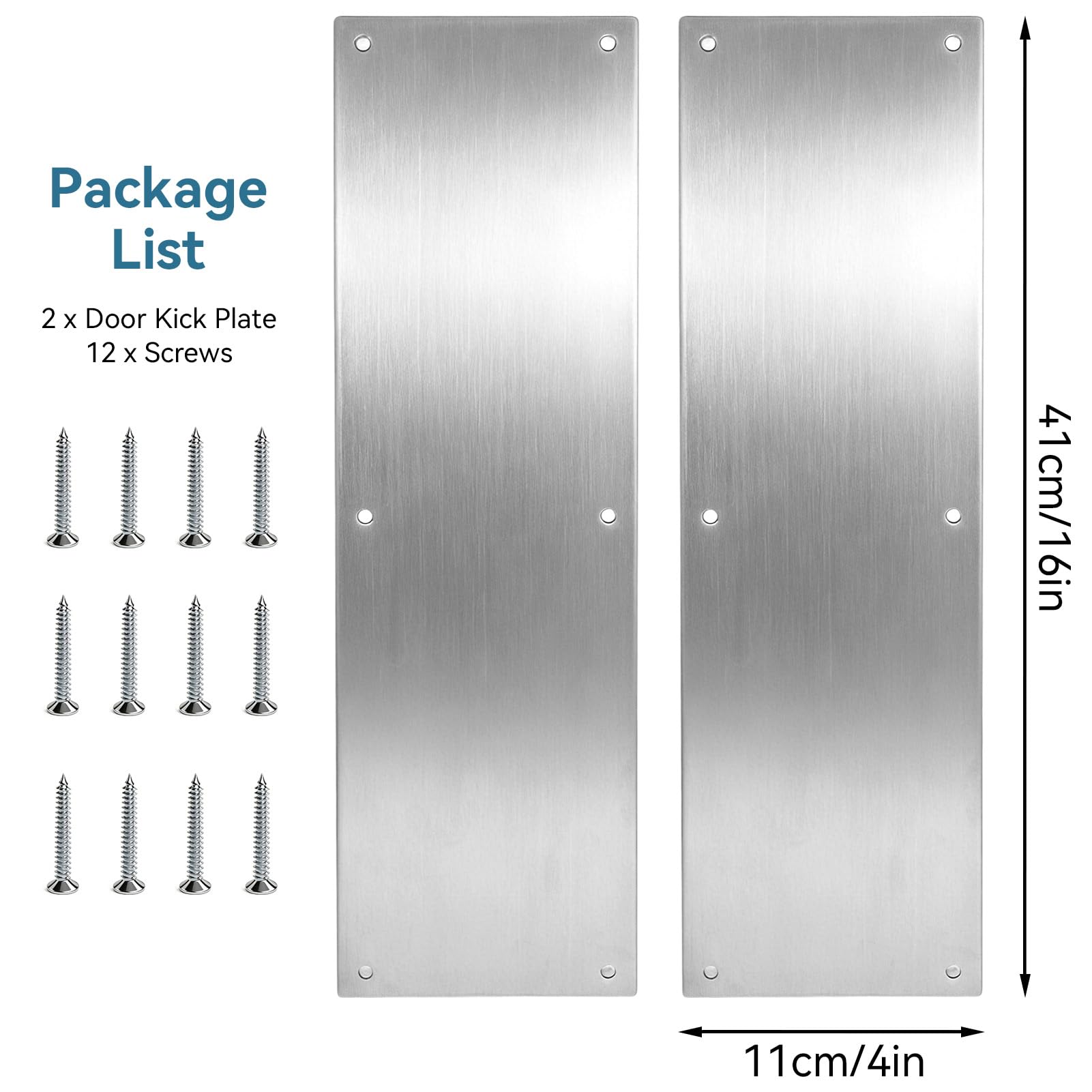 Plaque De Protection De Porte 2 Pièces, 16 X 4 Po, Plaque De Protection En Acier Inoxydable Pour Bas De Porte, Plaques De Protection Pour Portes Extérieures Ou Intérieures, Argent