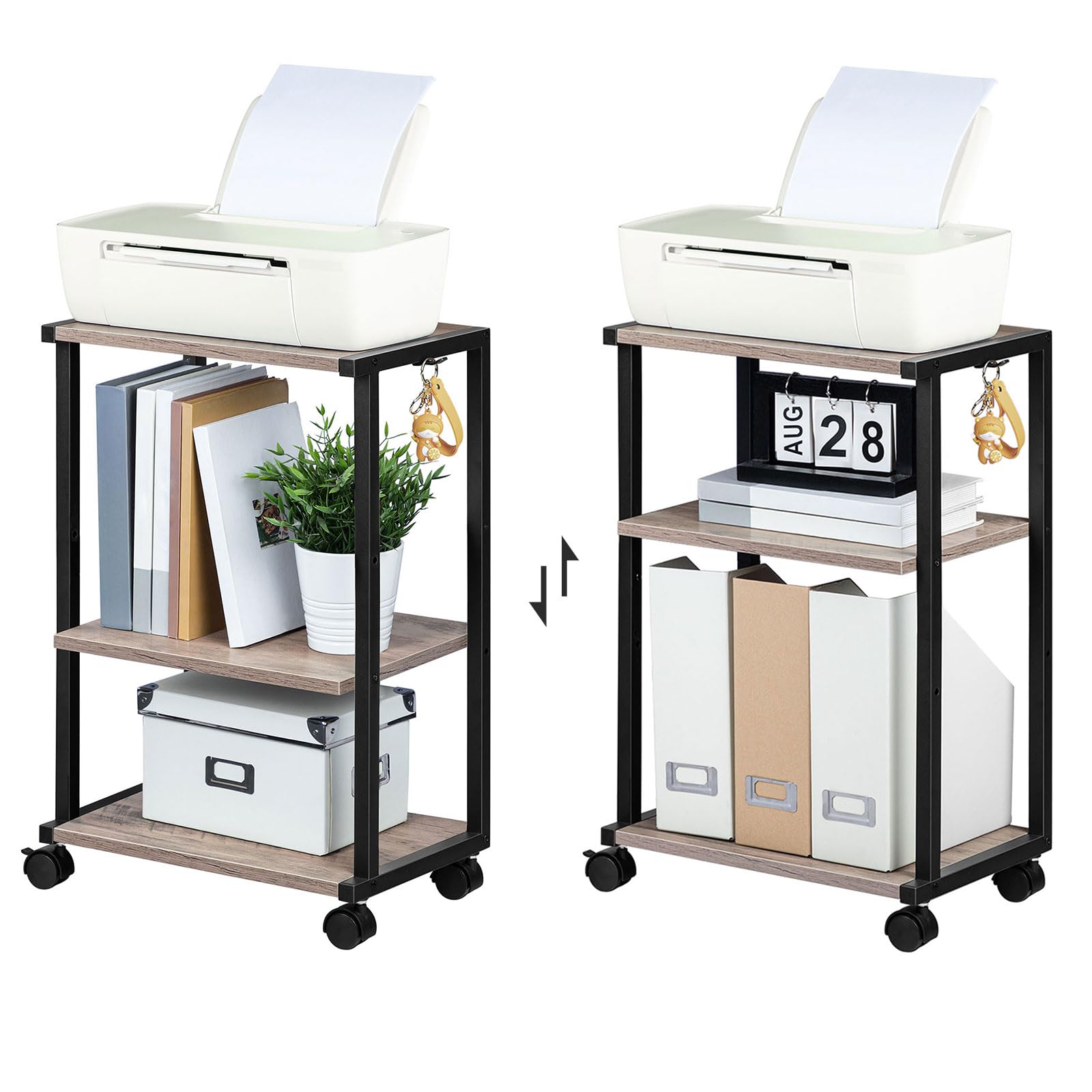 HOOBRO Druckertisch, 3-stöckiger Druckerständer mit Rollen, Höhenverstellbar Druckerwagen, mit 3 Ablagen und 2 Haken, 42 x 28 x 64 cm, für Büro, Fax, Kopierer, Scanner EBG28PS01N1