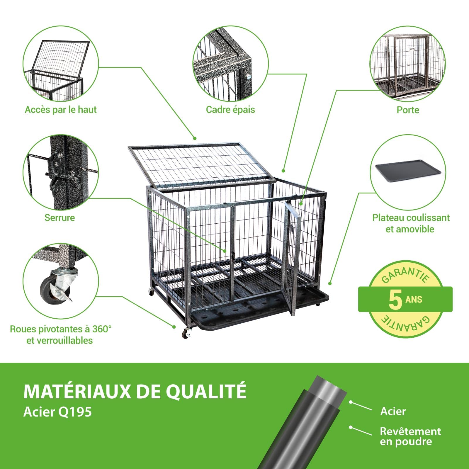 Cage pour Chien intérieur et extérieur, 94x64x76cm, Caisse de Transport, Roues verrouillables, Pliable, 2 Portes, Plateau Amovible Paitsy