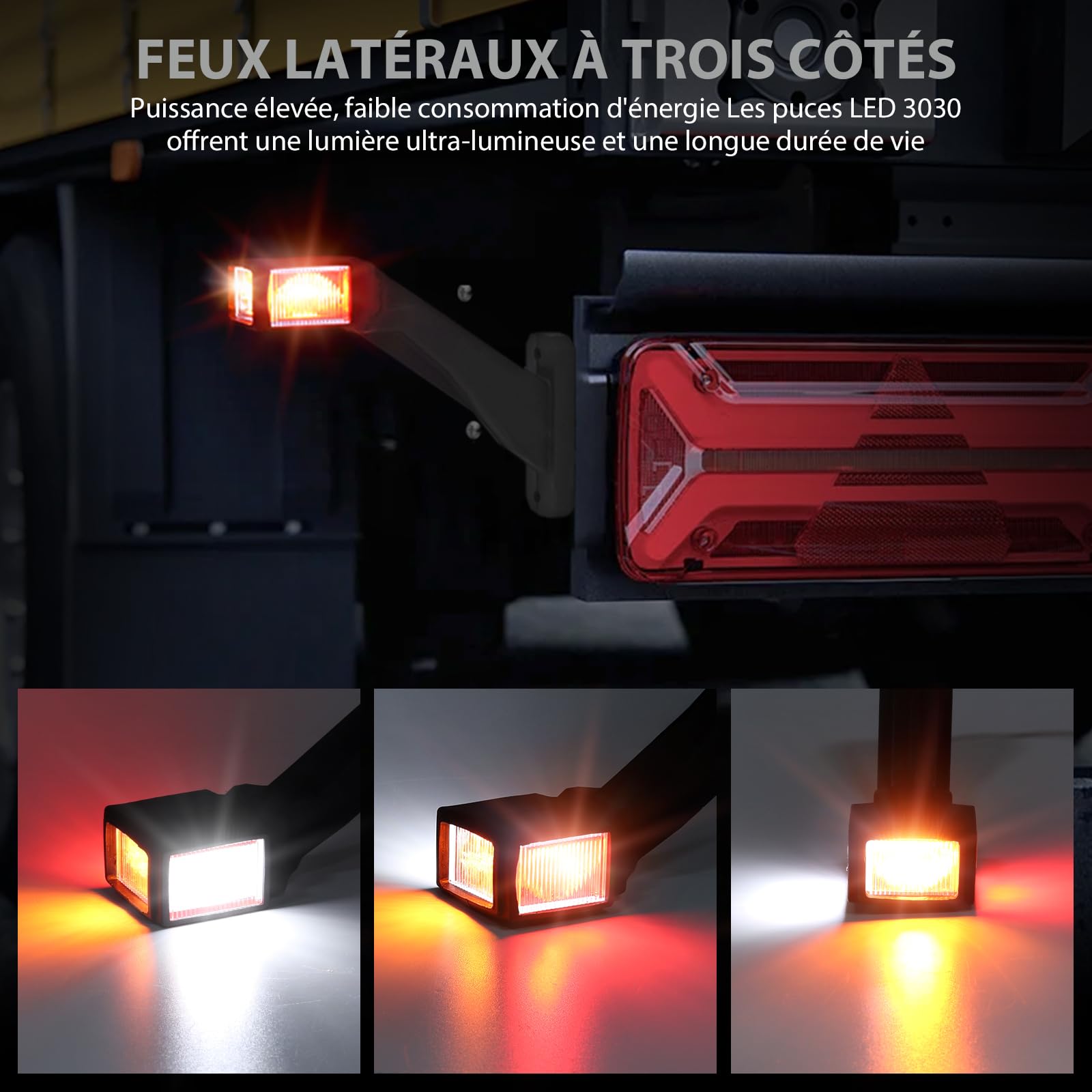Justech 2x Feux de Gabarit Latéraux LED, 10V-30V pour Remorque, Feu Latéral Homologué E-Mark (E9 R10/E9 R149), étanche IP65 3 Côtés 3 Couleurs pour Camion/Remorque/Camping-Car