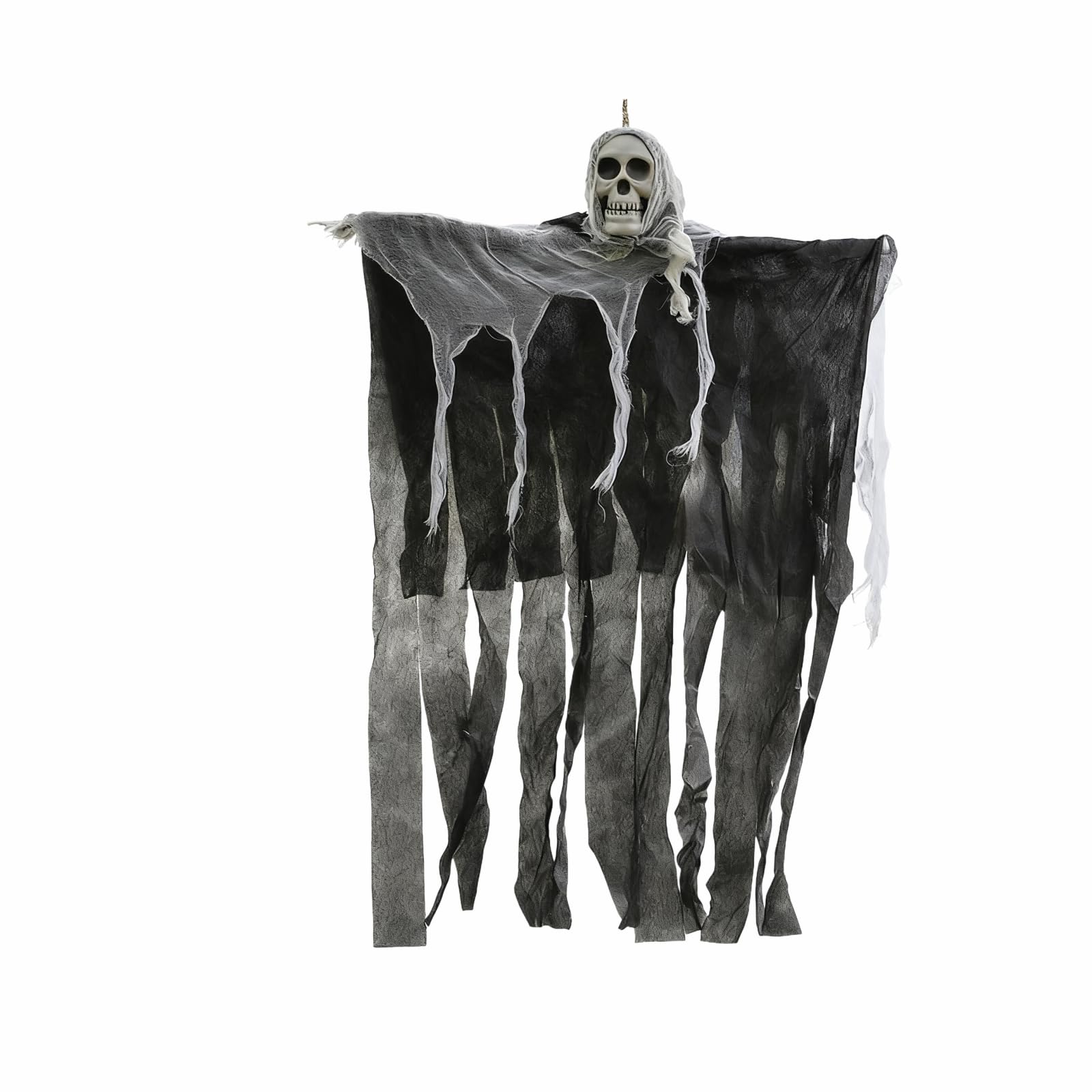 Halloween Hanging Ghost 85cm, Tattered Black & Grey Fabric with Skull Head, Spooky Indoor/Outdoor Decor for Home, Garden & Halloween Displays