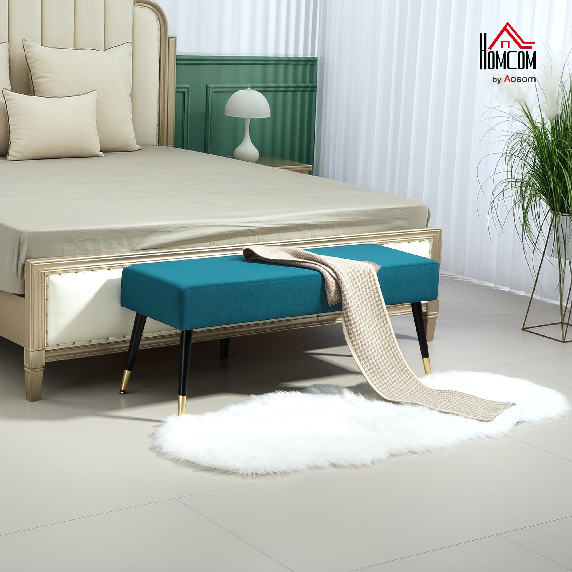 HOMCOM Banc Bout de lit Banquette rembourrée en Velours Banc d'entrée avec Pieds en métal, pour Chambre Salle à Manger Salon Couloir, 109,5 x 39,5 x 45,5 cm, Vert