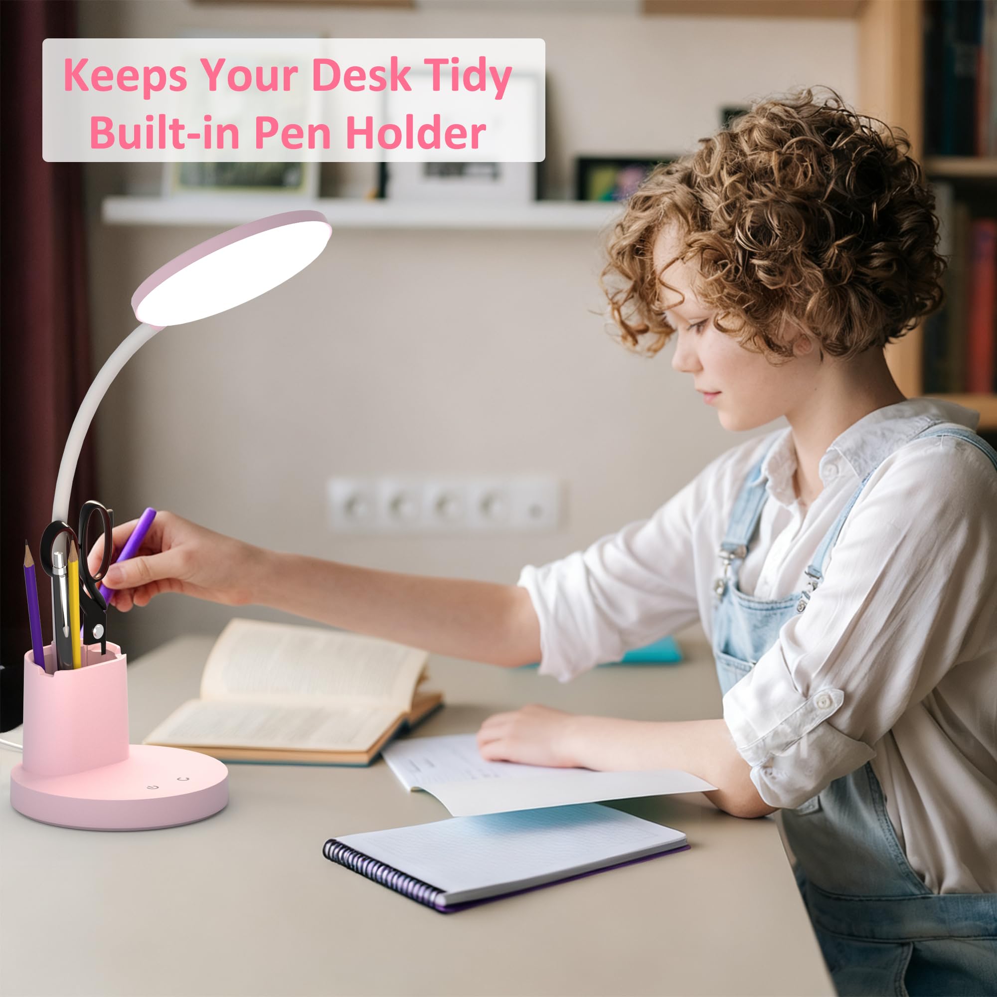 Schreibtischlampe, LED-Schreibtischlampen für Heimbüro, Touch-Tischlampe mit 3 Farbmodi, 360° verstellbarer Arm, dimmbare Schreibtischlampe mit Stifthalter, für Studentenwohnheim, Rosa