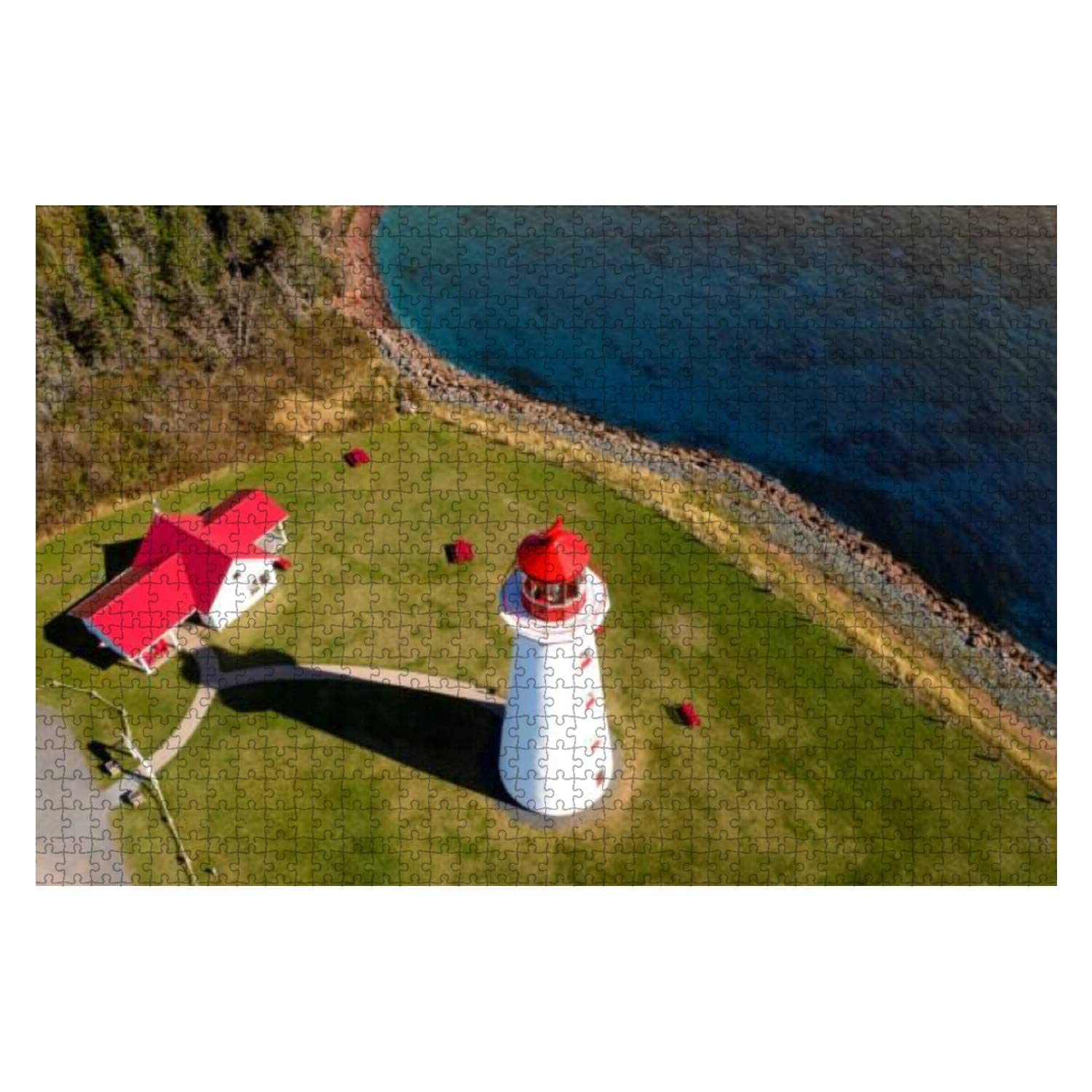 Drone aerial view of Point Prim lighthouse Prince Edward Island Canada 1000 Pieces Wooden Jigsaw Puzzles for Adults Decompression DIY Children Educational Puzzles Creative Games Toys Gift Home Decor