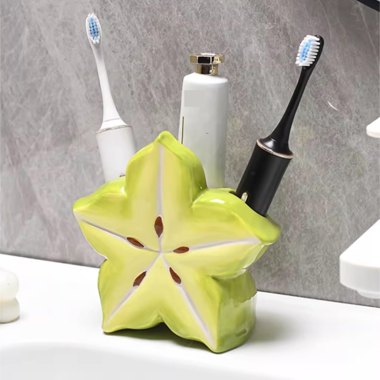 Portacepillos De Dientes para Baño Y Ducha Soportes De Pasta Dientes For Cepillos con Forma Carambola Cerámica, Organizadores Almacenamiento For Baño(Grün)