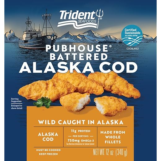 Trident Seafoods - Pub House Battered Cod - 12 oz, Frozen - Wild Caught Alaska Cod - 11g of Protein and 780mg of Omega-3 Per Serving - Made from Whole Fillets - Certified Sustainable