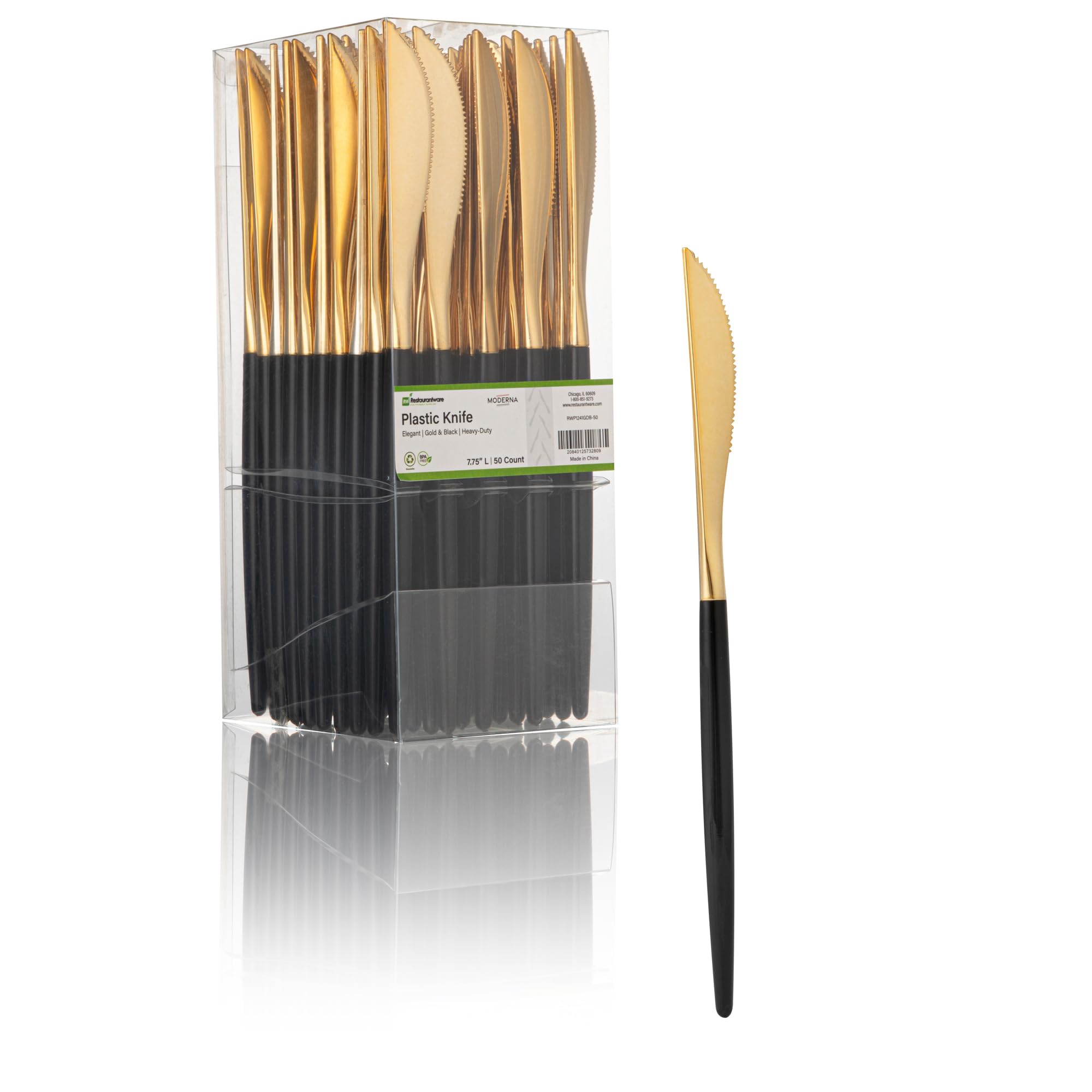 Restaurantware-Moderna 7.75 Inch Fancy Flatware, 500 Durable Plastic Flatware - With Black Handle For Grip, Heavy-duty, Gold Plastic Knives, Serrated Edges Or Restaurants