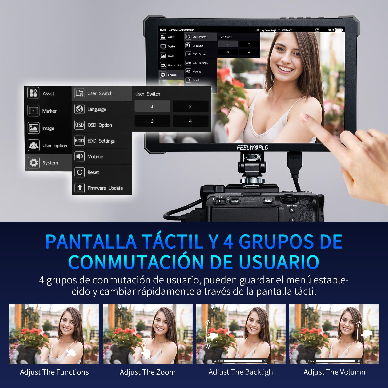 FEELWORLD T10 Pantalla táctil de 10,1 Pulgadas Monitor de Campo de cámara con HDR de Forma de Onda y 3D LUT out Carcasa de Aluminio con diseño de Esquinas Protectoras engomadas