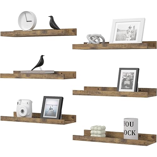 DOLLFIO Floating Shelves Set of 6, Farmhouse Wall Shelves with Lip, Display Shelves for Wall Decor, Rustic Picture Ledge for Living Room, Bedroom, Nursery, Bathroom, Pictures, Books, Plants- Brown