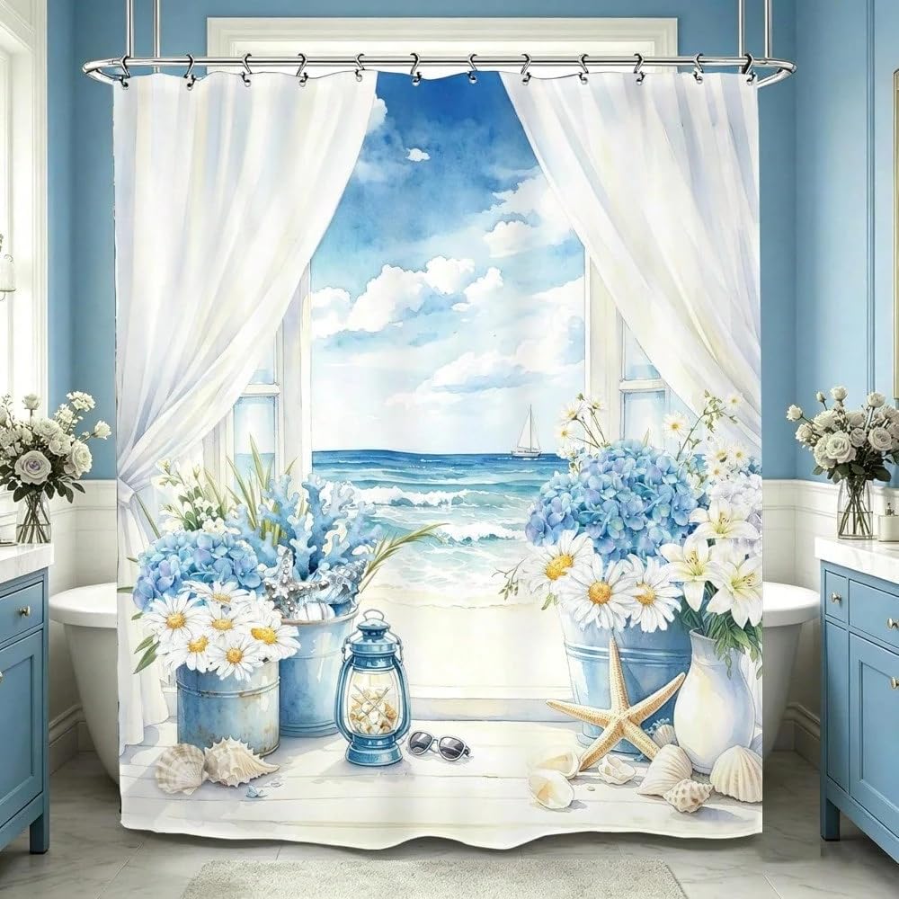 GLKSDLPO Coastal Beach Shower Curtain Blue Ocean Sea Flower Landscape Hydrangea Daisy Scene Bathroom Set Accessories Decor(270x183cm/106x72in(WxH)