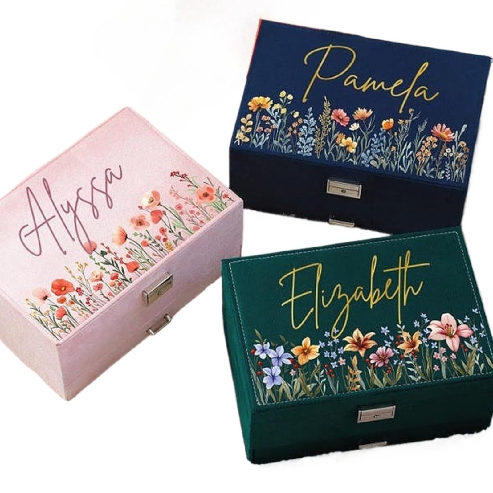 Boîte à bijoux avec fleurs et tiroir de rangement en velours pour femme