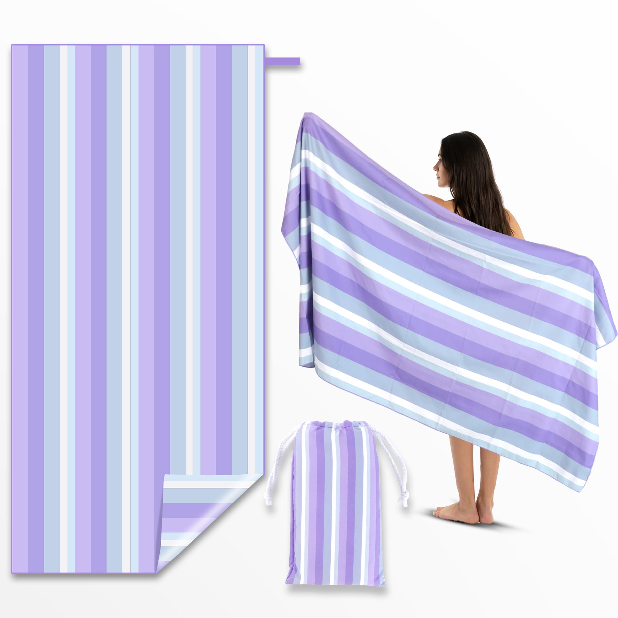 Anavasi Microfibre Beach Towels for Adults - 1 Pack 180 x 90 cm with Drawstring Bag, Quick Dry, Lightweight, Sand Free, Extra Large 100% Recycled for The Beach (Stripe Gradient Purple) — image 1