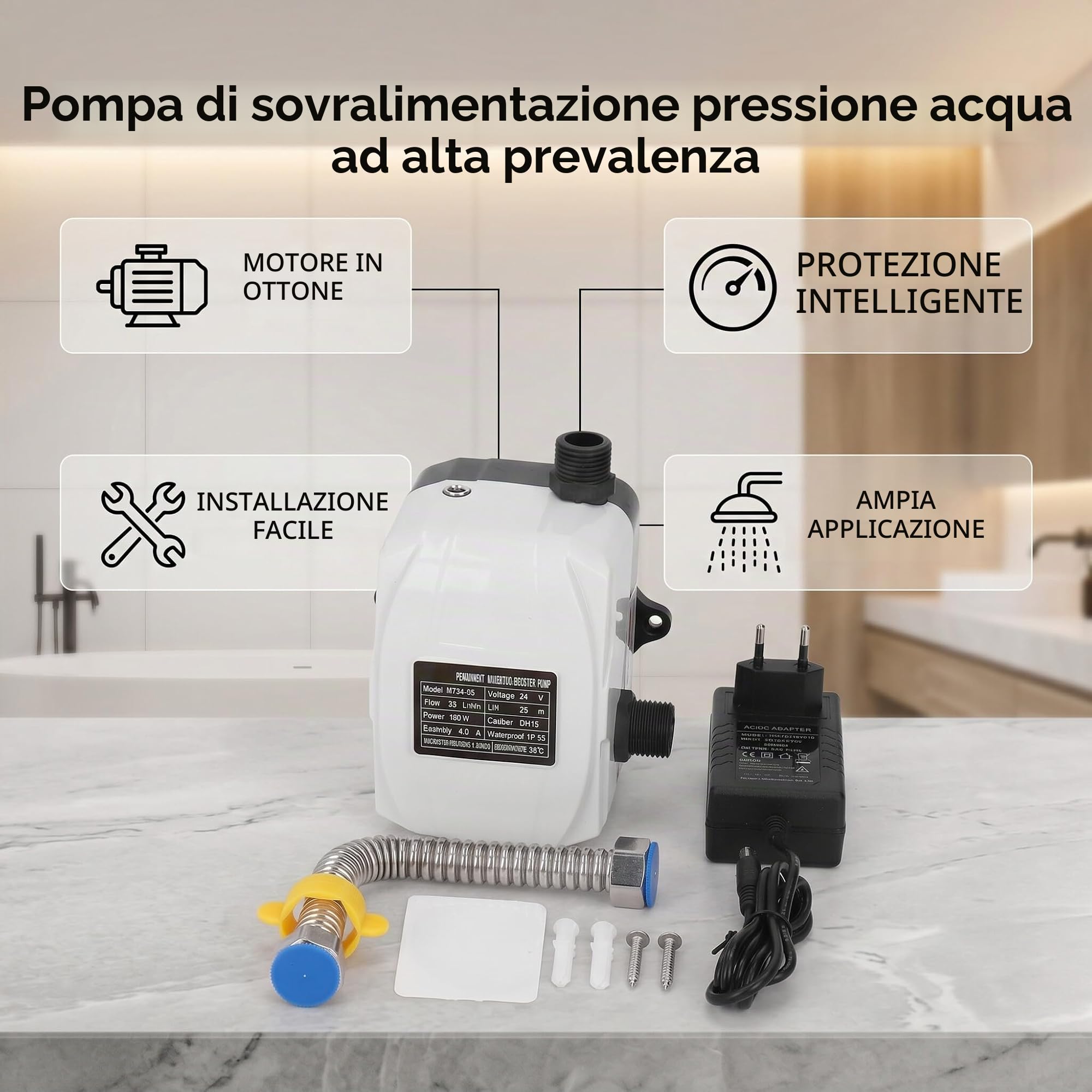 Pompa Automatica per Cucina e Doccia in Ottone ABS Silenzioso Pressione Acqua Alto Sollevamento 180W DC 24V AC 100-240V
