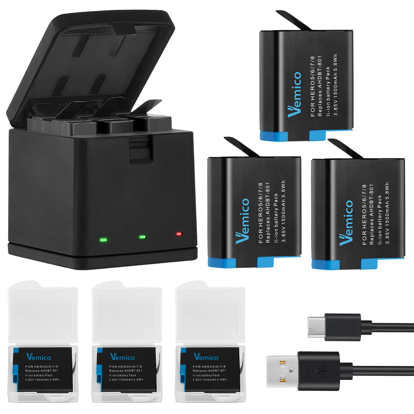 Vemico Hero 8 Akku Ladegerät Kit 3 Pack 1500 mAh ErsatzAkku 3 Kanal Ladebox Typ-C USB Mit Einem Schutzdeckel Ladegerät für Hero 8/Hero 7/Hero 6/Hero 5/AHDBT-801 (Vollkompatibel mit Orginal)