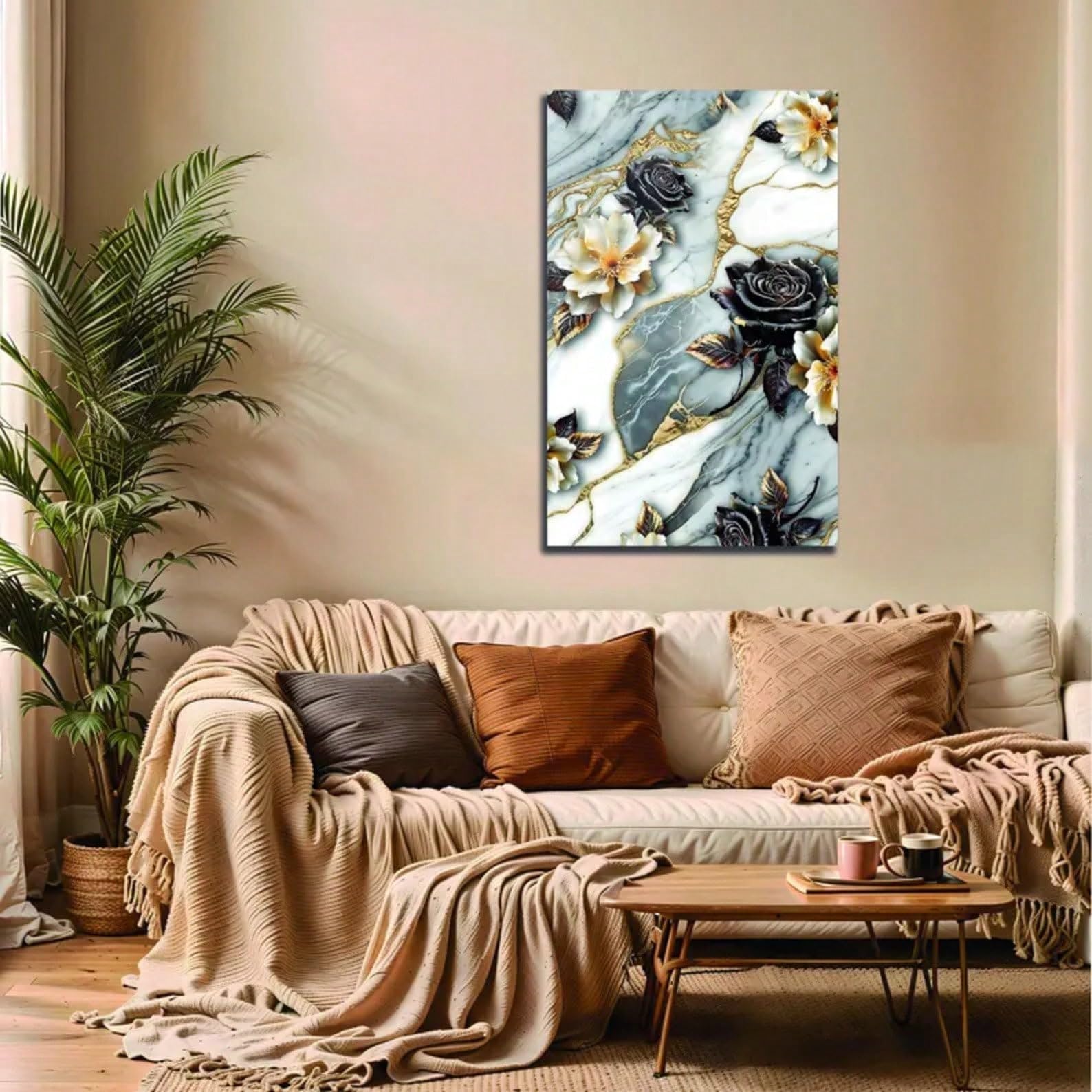 TZKBDMA Luxurious Floral Marble Canvas Wall Art Prints for Living Room, Nordic Minimalist Prints Artwork Pictures(21x30cm/Without frame)