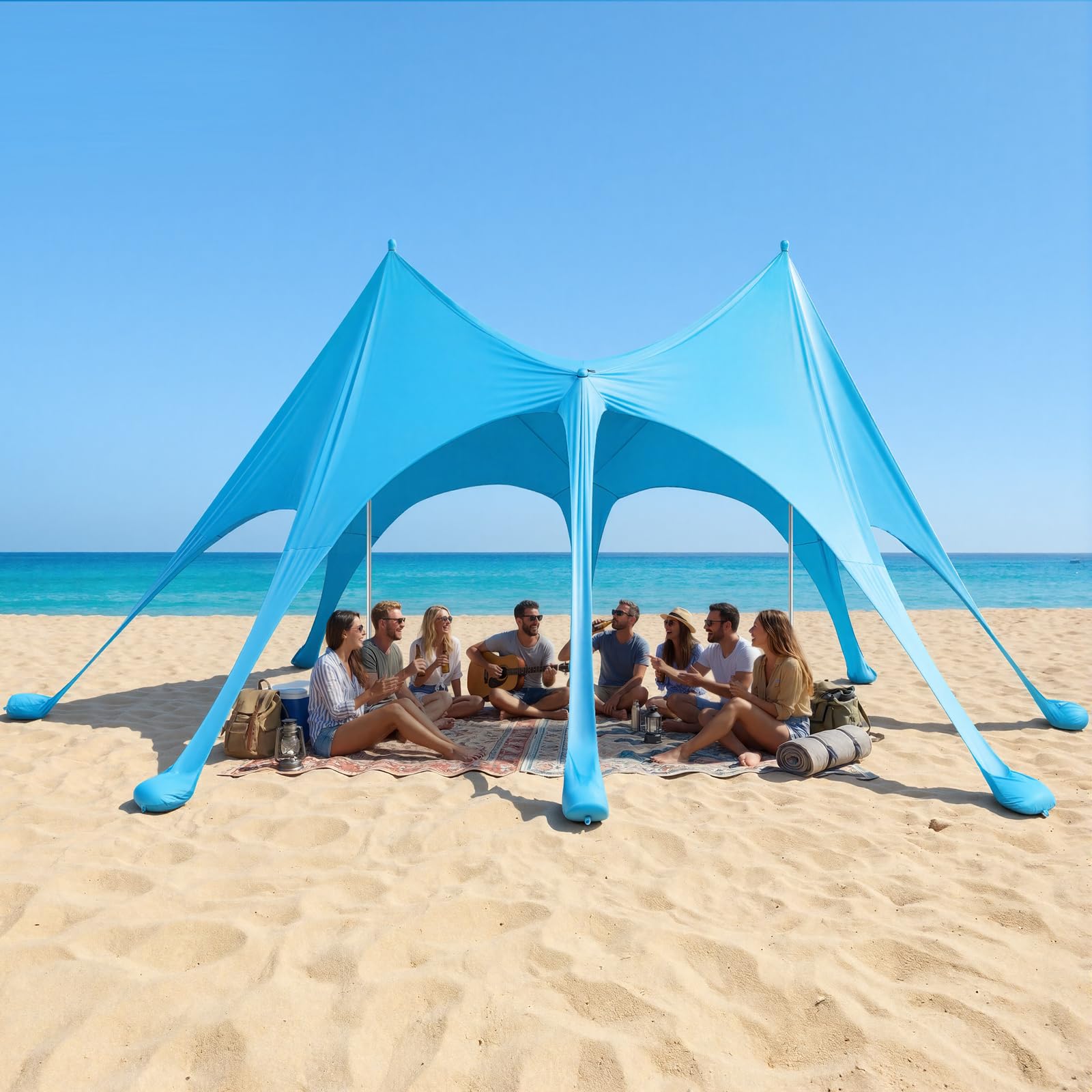 VEVOR UPF50+ ochrona przed słońcem, namiot plażowy, 2,8 m wysokości, 6 x 4 m, łatwy wysuwany baldachim plażowy z workami z piaskiem, drążki stabilne, łopatki piaskowe, przenośny, na rodzinne wycieczki